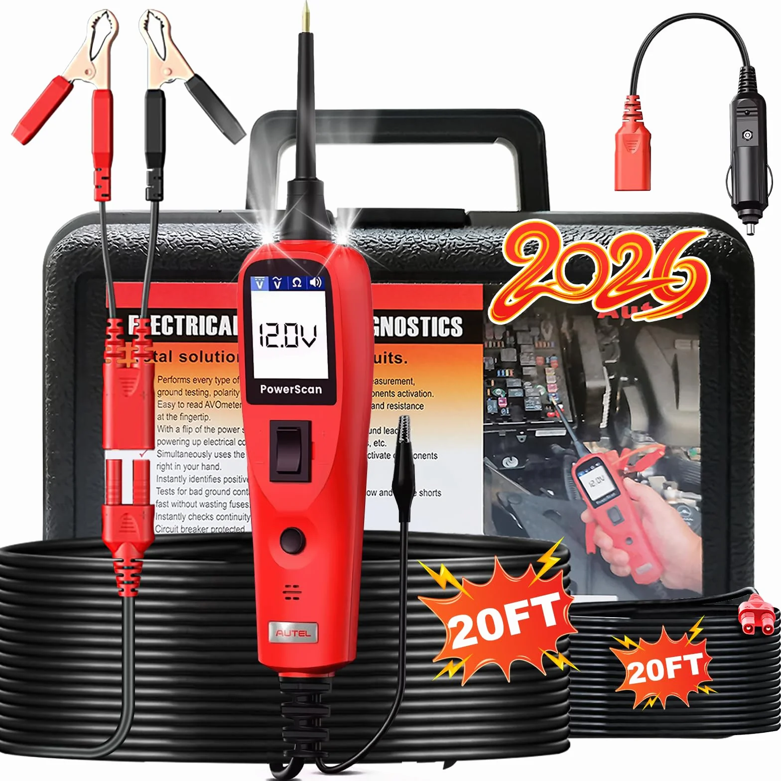 Autel PowerScan PS100 Kit Sonda Circuito, Herramienta Diagnóstico Sistema Eléctrico 12V 24V,Lectura Resistencia Corriente CA/CC, Activación Componente,Prueba Corto/Tierra/Continuidad/Remolque,6M Cable