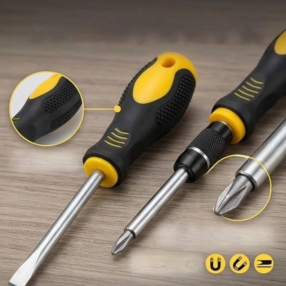 Juego de destornilladores magnéticos profesionales de 86 piezas con mango ergonómico antideslizante y puntas de aleación almacenadas en estuche amarillo portátil