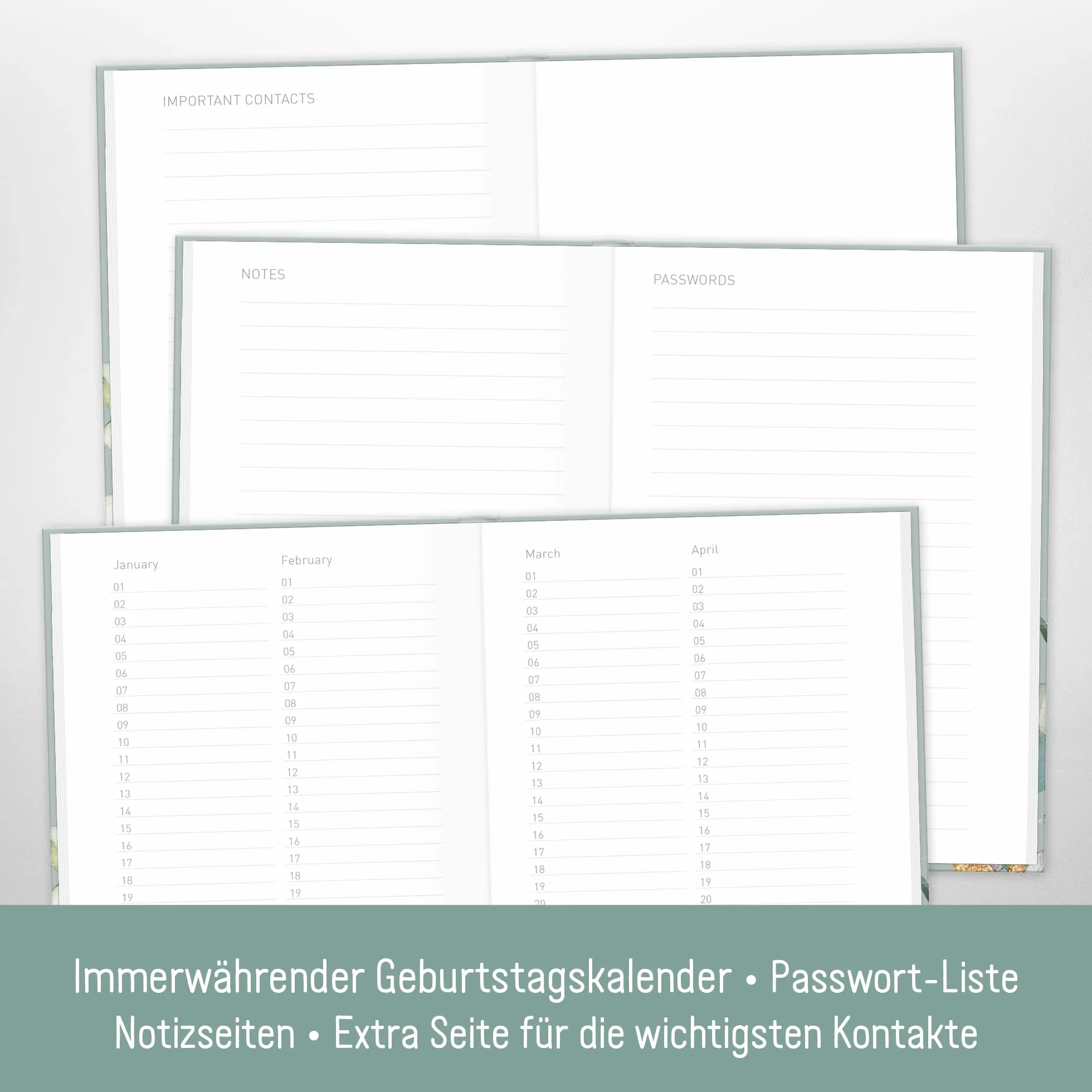 paper&you® Libro de direcciones A6+ con índice A-Z "Hojas de menta" para contactos, cumpleaños y contraseñas - sostenible y respetuoso con el clima