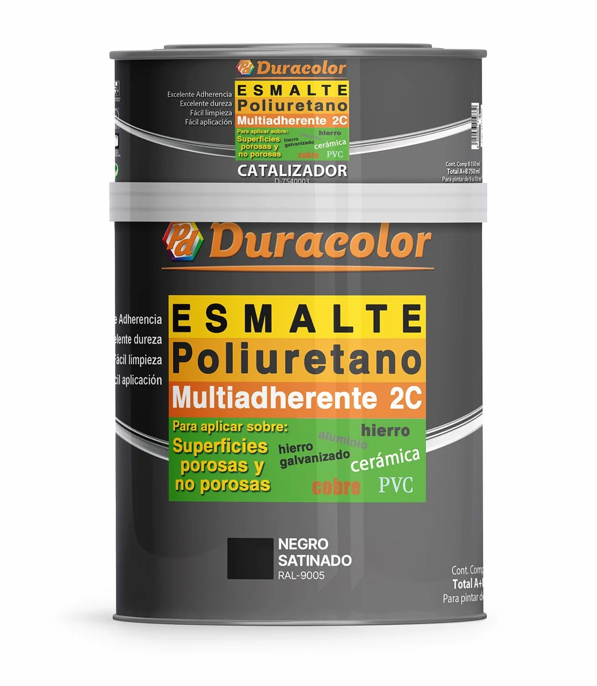 Esmalte al Poliuretano Multiadherente Satinado Duracolor | Pintura para Metales, Madera, Bañeras, Azulejos y Sanitarios | Resistente y Duradero (600 ml + 150 ml, Negro RAL 9005)