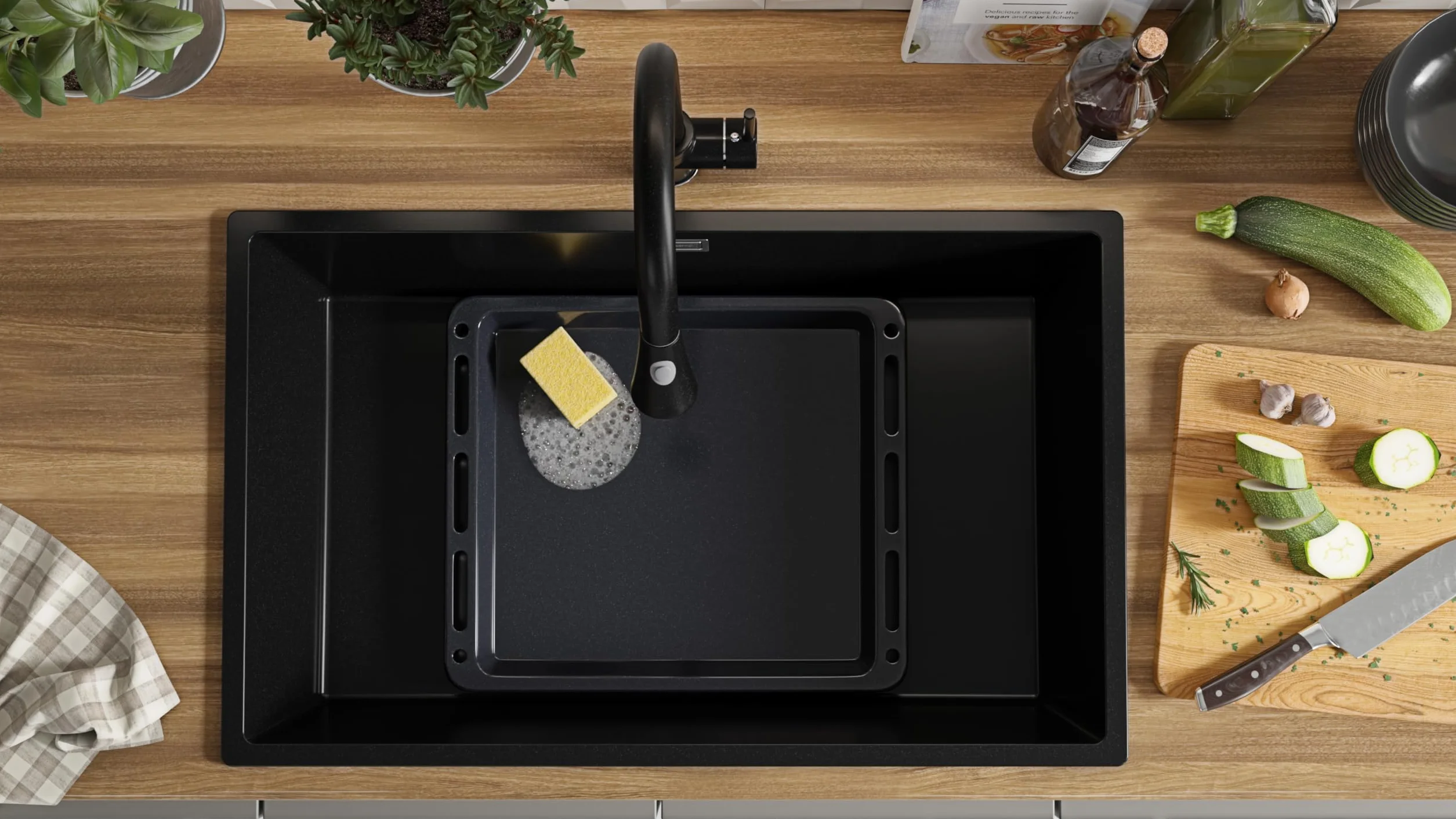 PRIMAGRAN Fregadero Granito Todo Negro 76x47cm, Cocina 1 Seno + Grifo 40x20cm + Sifón + Enrollable Escurridor, Sobre Encimera al Mueble 80cm - London Slim S531