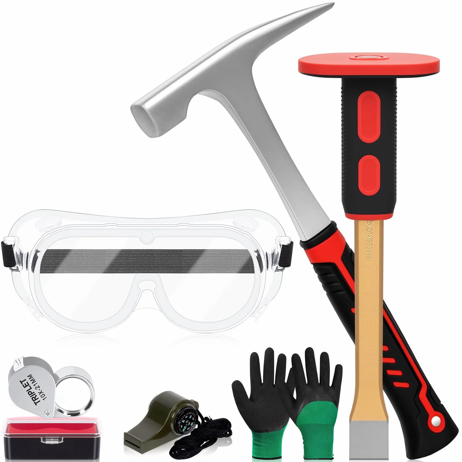 Juego de 6 martillos de geología, martillo de roca de 32 onzas y cincel Mason de 12 pulgadas, gafas de seguridad, silbato, lupa de joyería 10X y guantes, herramientas de caza de rocas para
