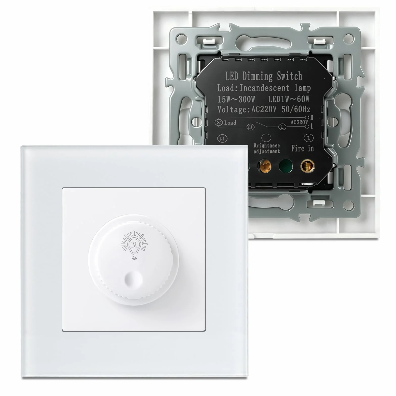 Interruptor Dimmer LED 220v, Regulador de Luz para LED Regulables de 1–60W / Halógenos de 15–300W, Dimmable Switch Protección Segura, Sin Ruido