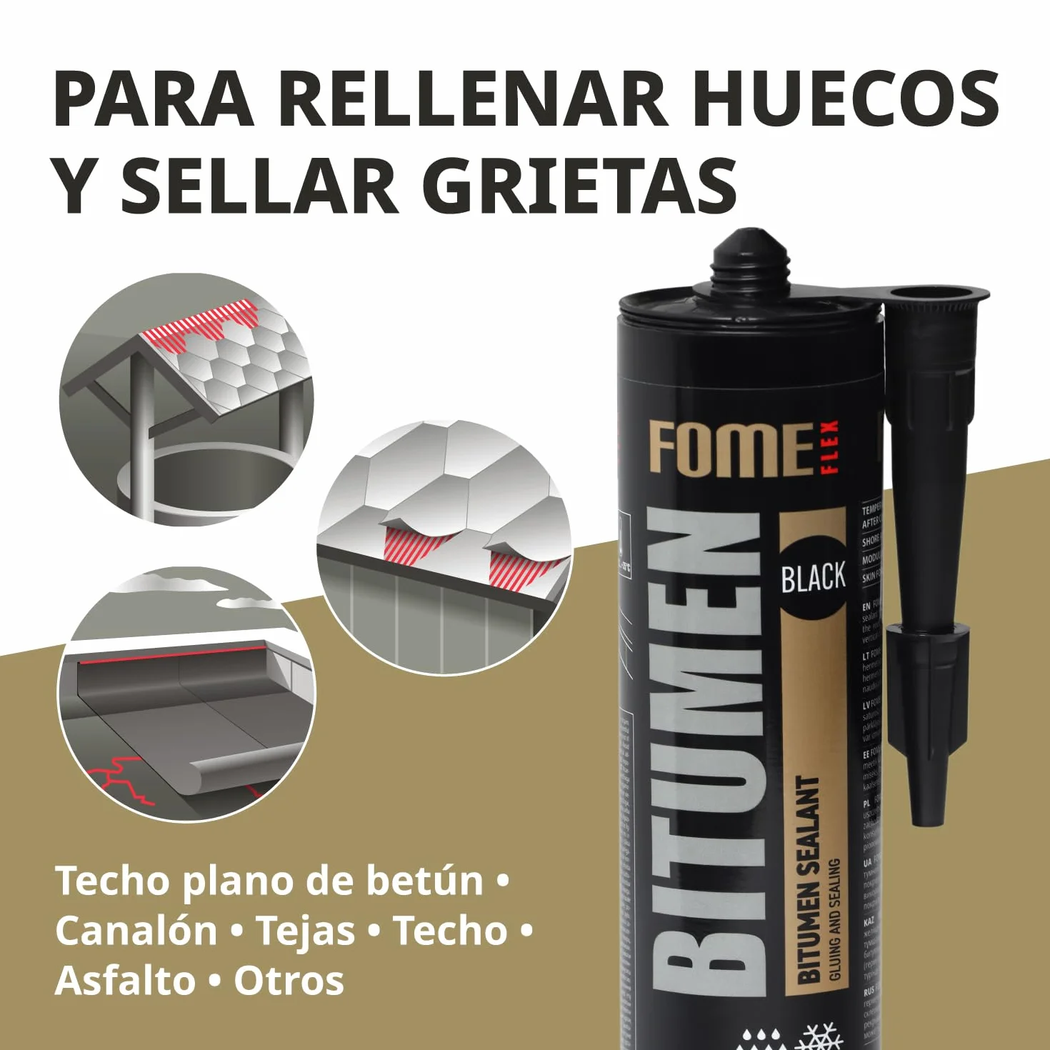 Sellador Bituminoso – Sella Filtraciones en Tejados y Canalones en Húmedo o Seco – Soporta de -50°C a +90°C – Se Adhiere a Betún, Cemento, Madera y Metal – 4 x 300 ml