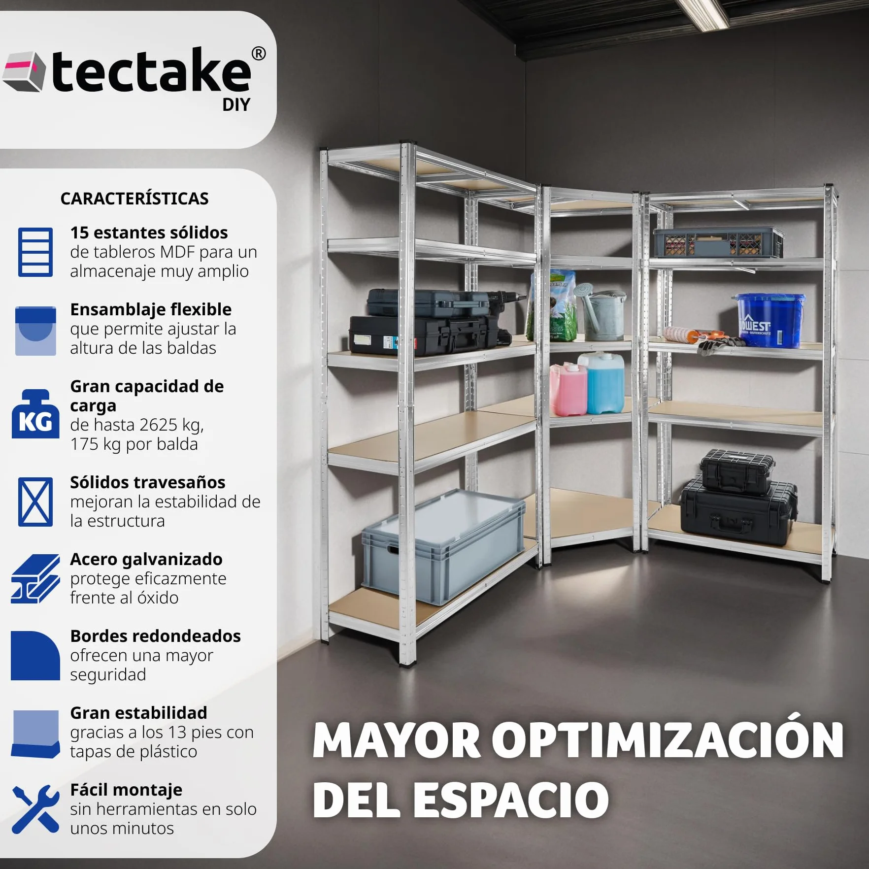tectake® Estantería para Cargas Pesadas, 3 Partes, 15 Estantes, Estructura de Acero Galvanizado, Capacidad de Carga 2625 kg, Ajustable en Altura, Convertible en Bancos de Trabajo, Bordes Redondeados