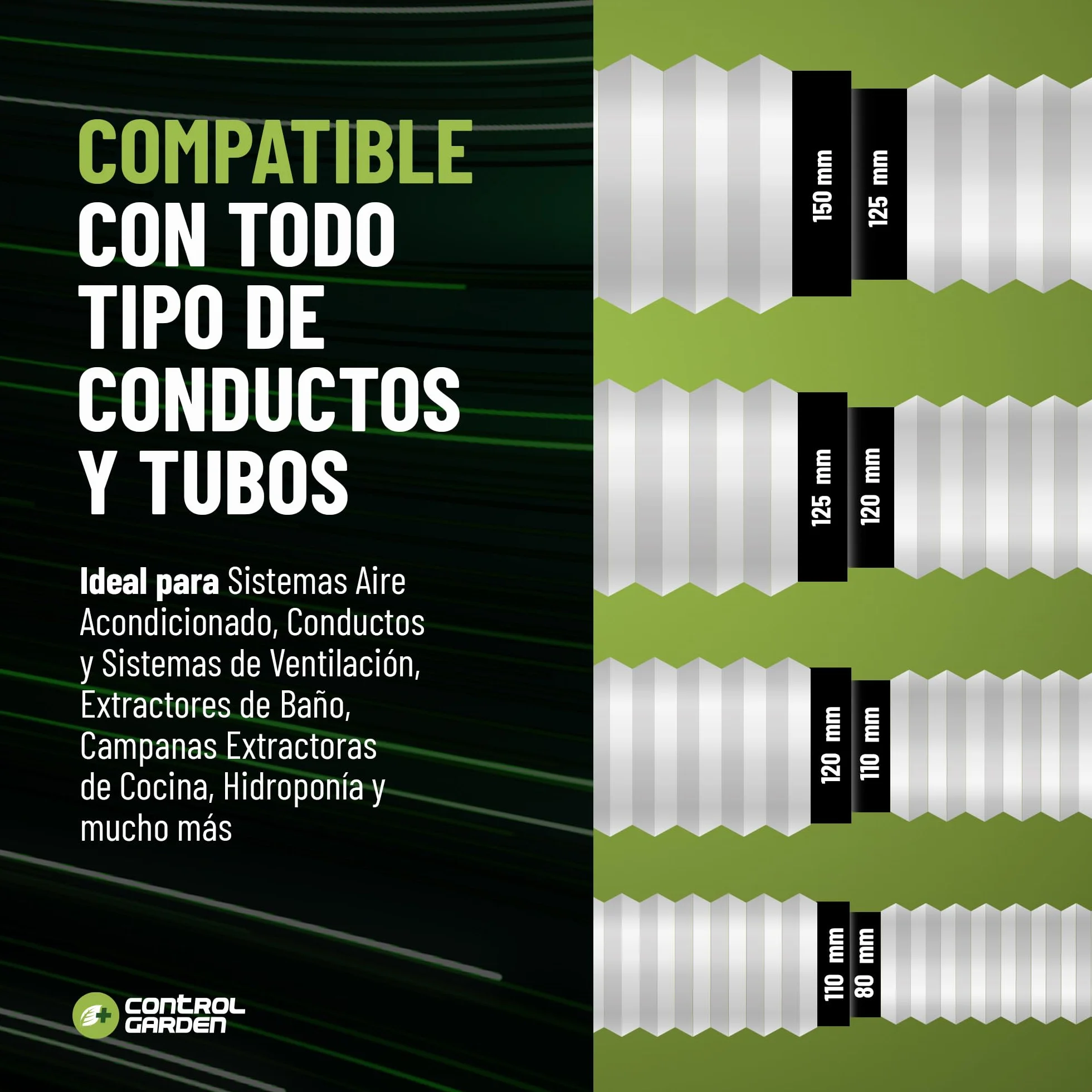 CONTROL GARDEN Reductor Universal para Sistemas Ventilación - Acople Conector para Conductos Ventilación Diámetro Ø 80 100 120 125 150 mm - Reductor Tubo Negro