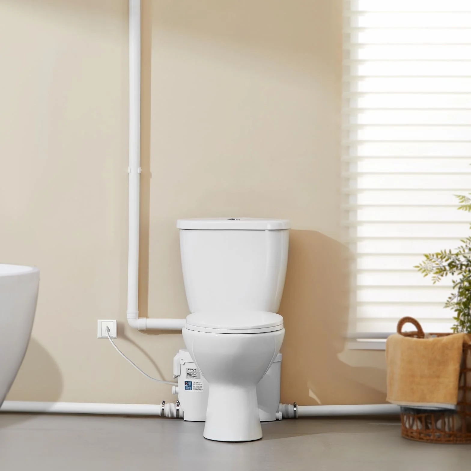 VEVOR Inodoro Sanitario Potente Bomba de Elevación de 500 W Sistema de Inodoro Compacto con Descarga Trasera e Inodoro de Descarga, 3 Entradas, para Eliminación Aguas Residuales, Sótano, Blanco