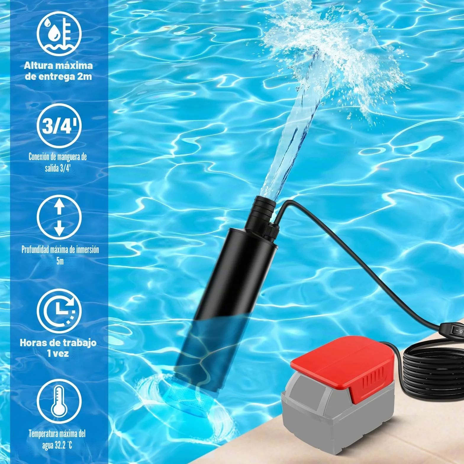 Bomba sumergible inalámbrica compatible con batería Milwaukee M18V (sin batería), 100 W, 635 GPH, bomba de sumidero portátil sin escobillas con manguera de 1 m, bomba de agua para piscina, jacuzzi