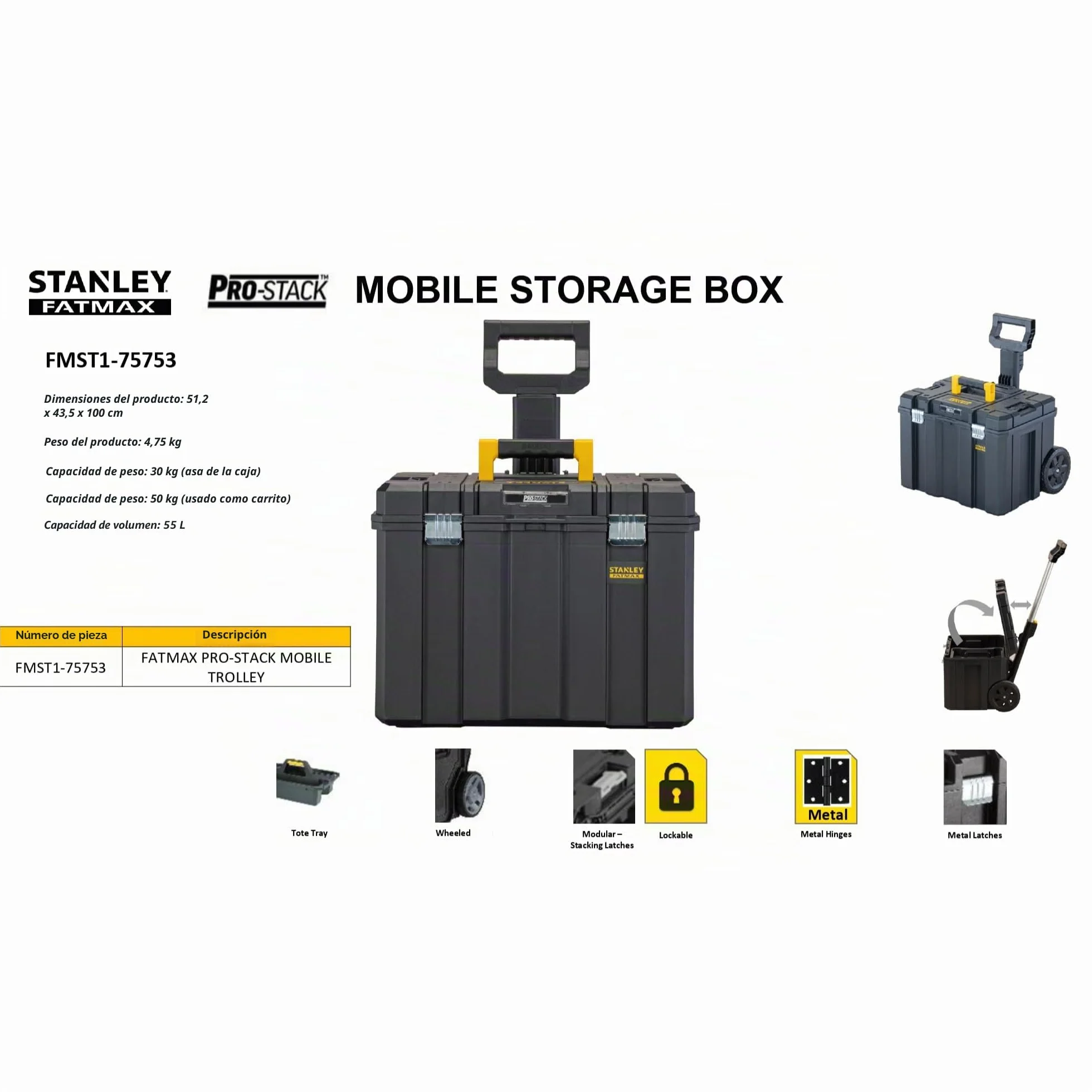 STANLEY FATMAX PRO-STACK Caja de almacenamiento móvil 50L con ruedas, cierres metálicos, negro