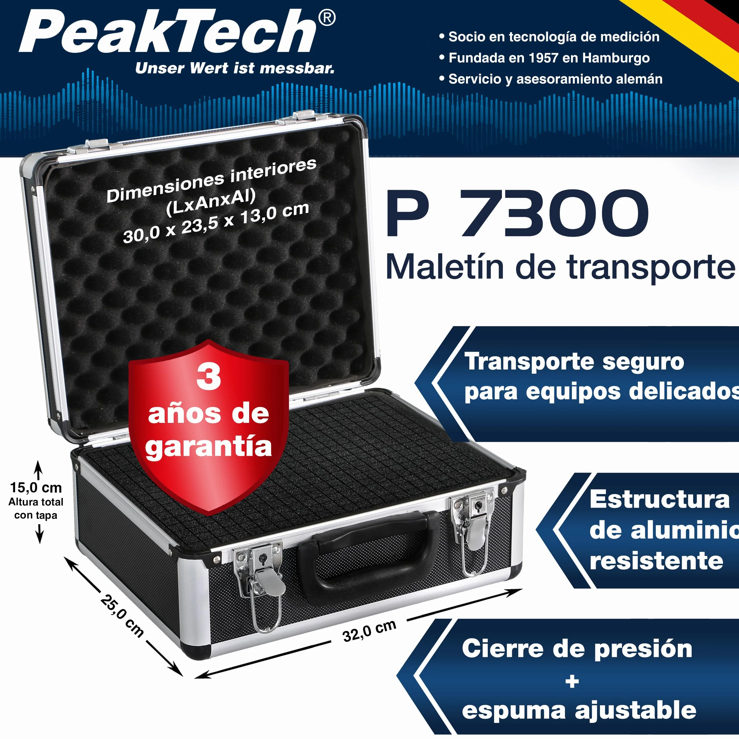 PeakTech 7300 Estuche universal para dispositivos de medición, 320 x 250 x 150 mm, con cerradura