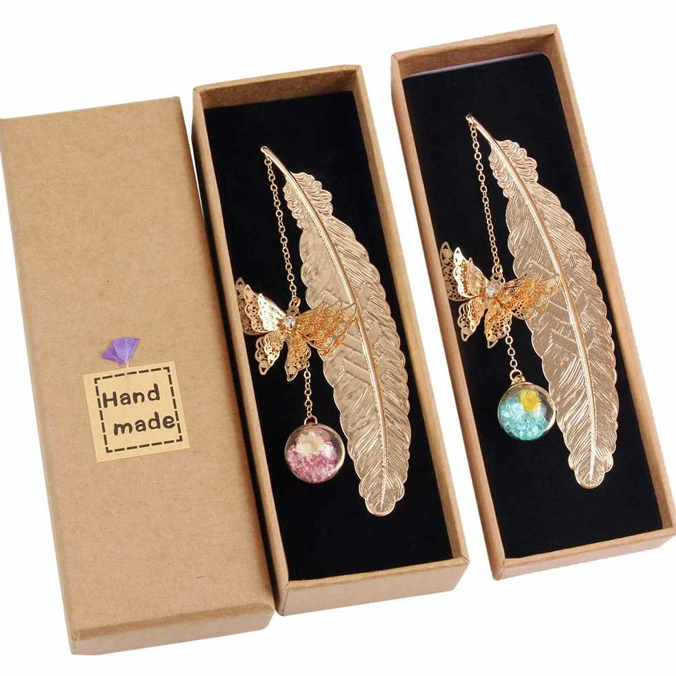 Marcapáginas de Plumas de Metal con Mariposa 3D y Perlas de Vidrio