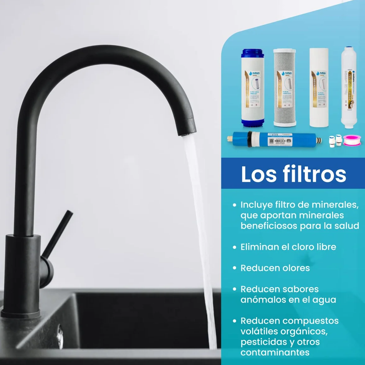 Kit de 4 Filtros Universales para Osmosis Inversa - Incluye Membrana Vontron y Rollo de Teflón - Ideal para Equipo de 5 Etapas Universal - 50GPD - Nature Water Professionals