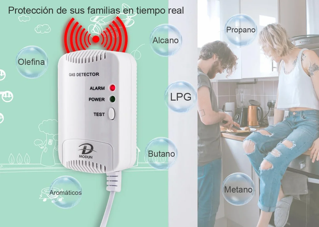 D MODUN - Detector de Gas, Fugas de Gas Natural/LPG/gas de Carbón, Monitor de Metano Propano Butano, Advertencia de luz Estroboscópica 100dB, Alarma de gas enchufable adecuado para Cocina, RV, Garaje