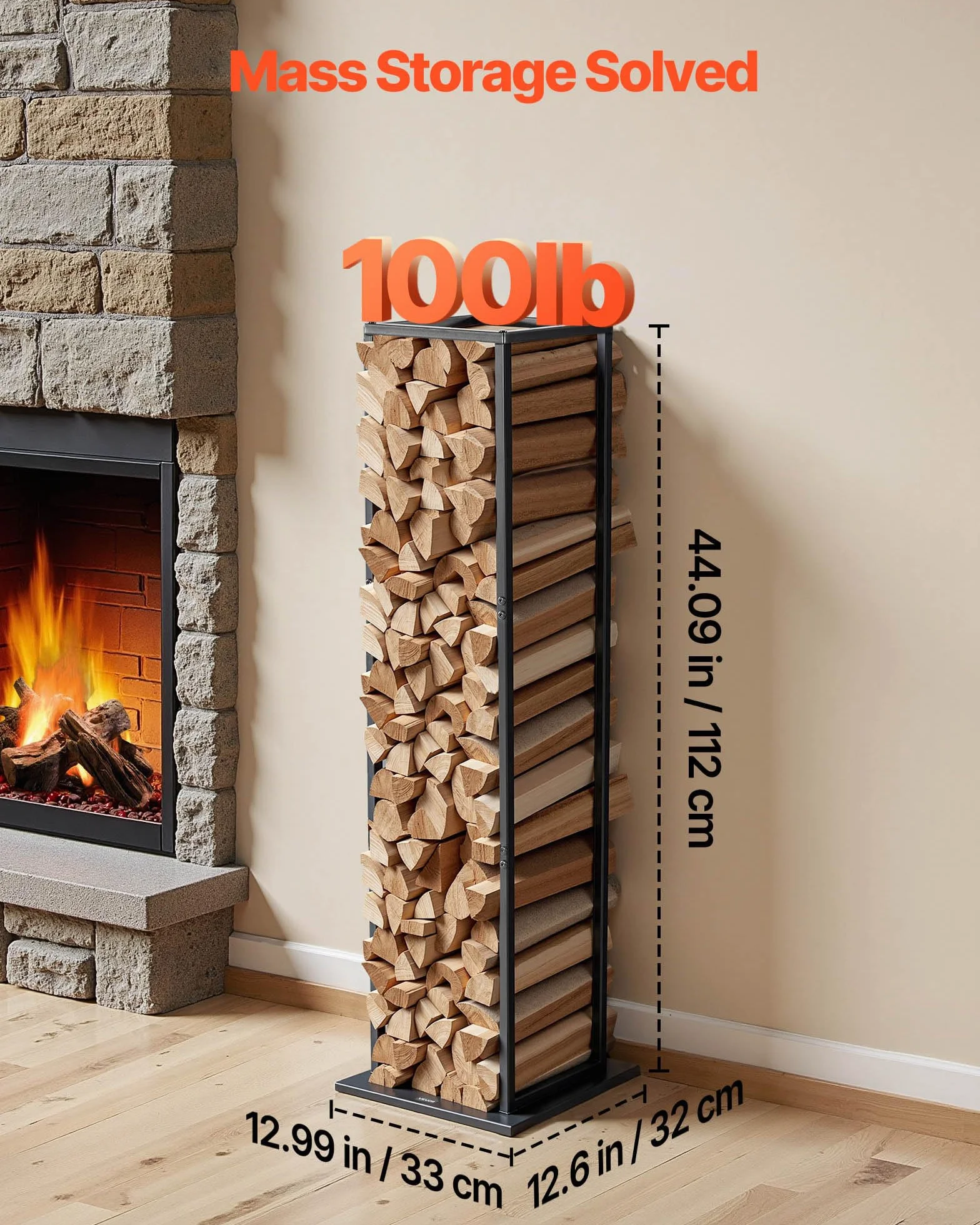 VEVOR Estante de Leña 33 x 32 x 112 cm Soporte de Metal para Leñas Carga de 45,4 kg Leñero de Acero con Recubrimiento en Polvo Resistente para Chimenea, para Interiores, Salas de Estar, Negro