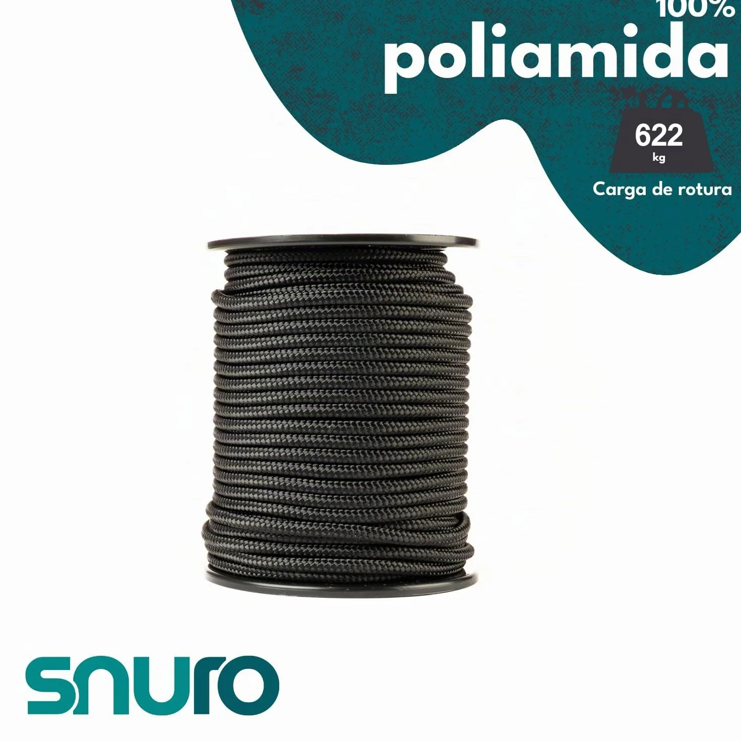 Cuerda de nailon (6 mm, 50 m, negro) – Paracord de poliamida trenzado resistente, resistente al desgaste y sólido, carga de rotura de 622 kg