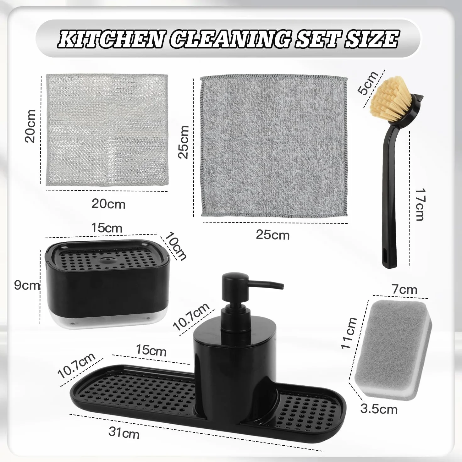 Dosificador Jabón Cocina Negro con Trapo, Cepillos y Esponja, Organizador Fregadero Detergente Recargable