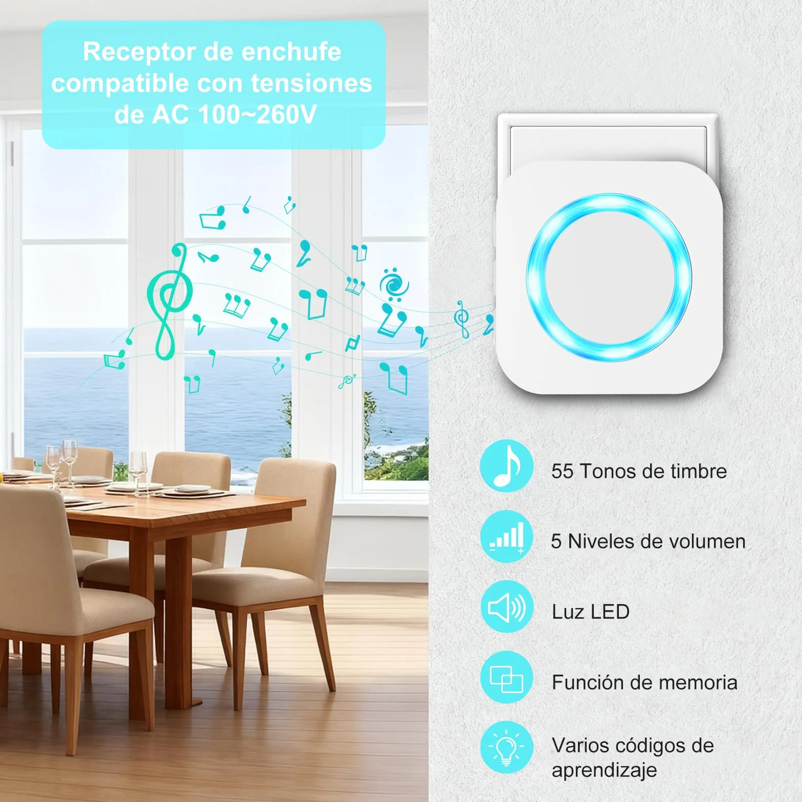 AIMAX Timbre Inalámbrico con 1 Emisor y 1 Receptor, Alcance de 400 m, IP55 Impermeable, 5 Niveles de Volumen / 55 Melodías, Apto para Interior y Exterior, Blanco