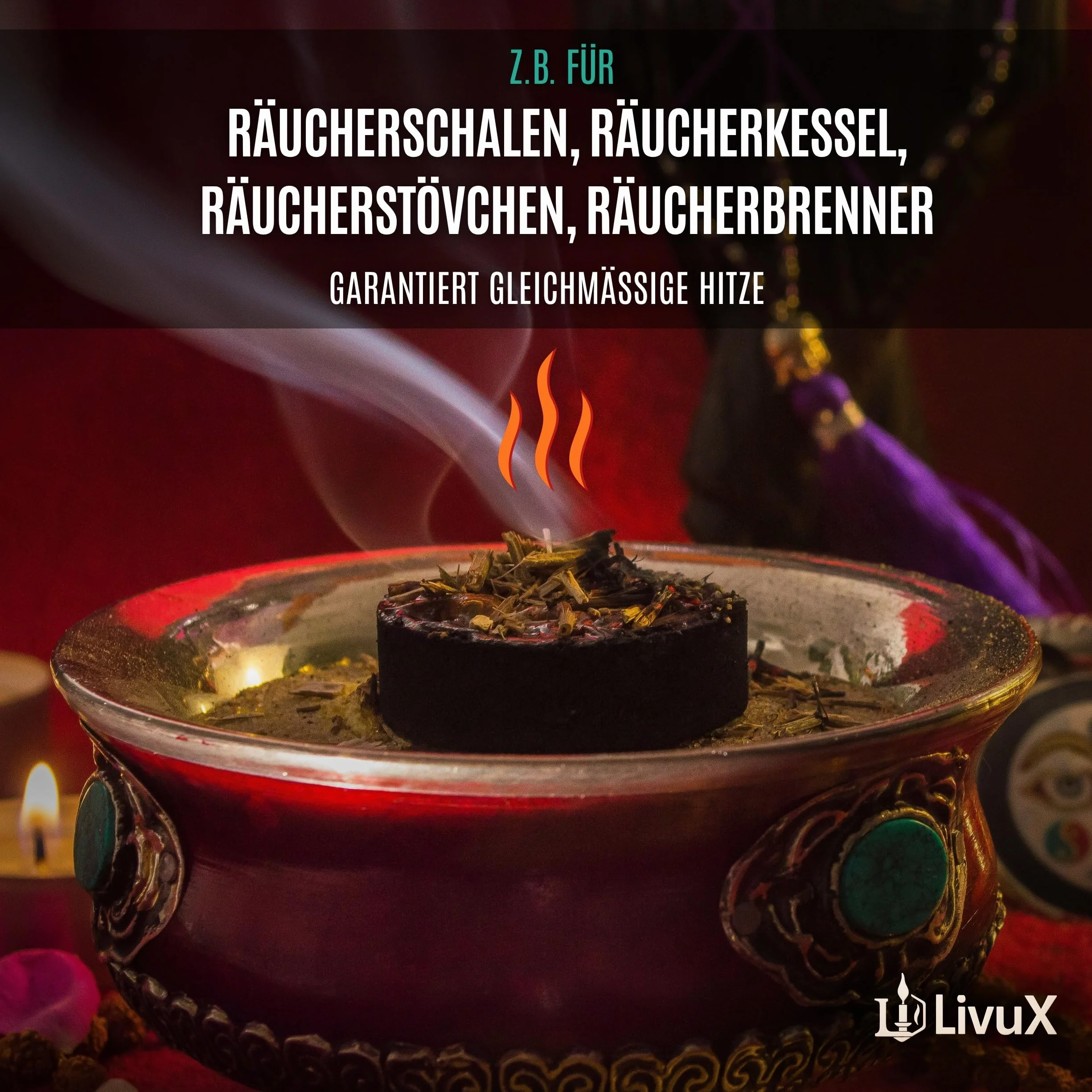 LivuX 100 pastillas de carbón de incienso 33 mm – carbón ahumado de encendido rápido, 10 rollos, ideal para quemar incienso