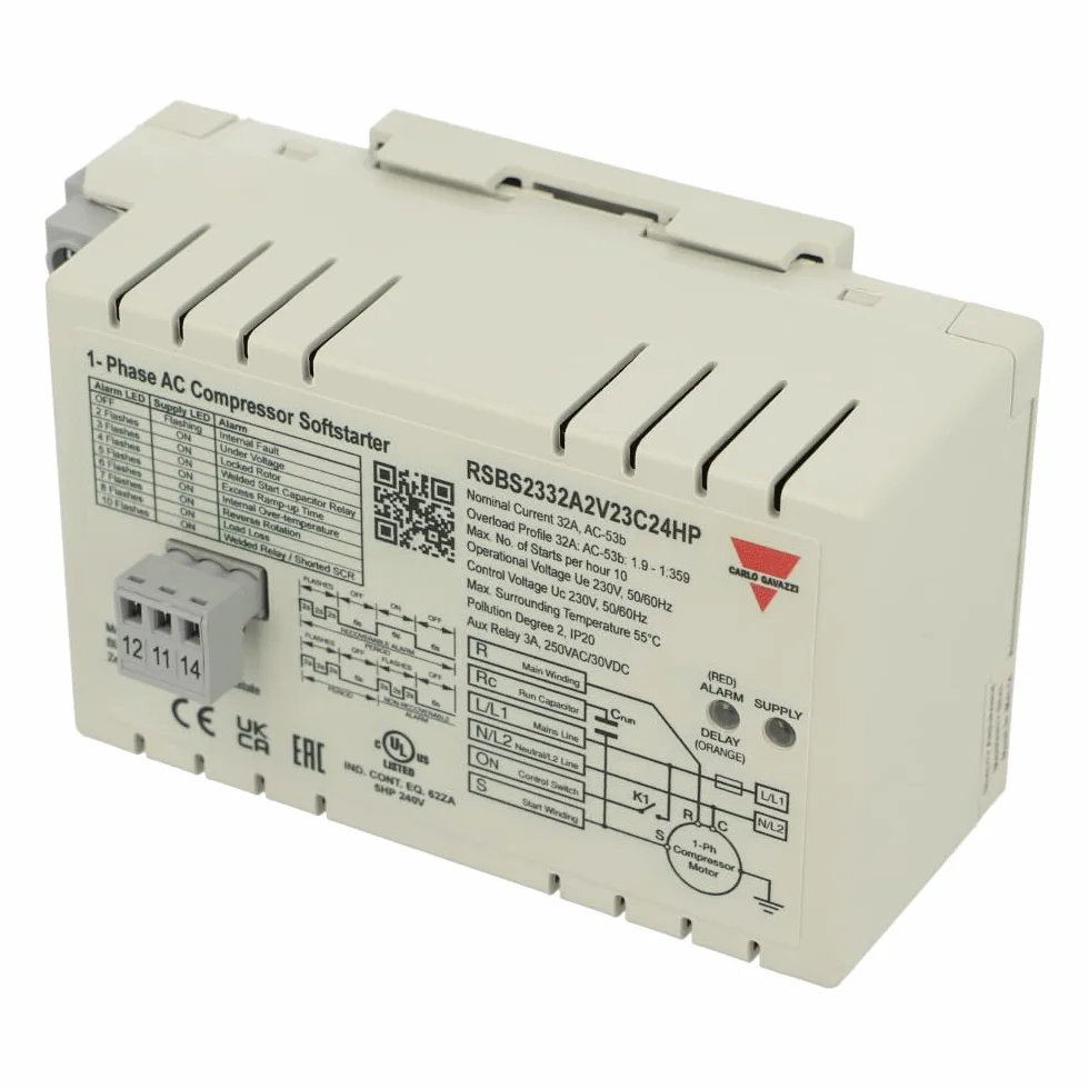 RSBS2332A2V23C24HP | CARLO GAVAZZI 1 PHASE COMPRESSOR SOFT STARTER, 230 VAC, 32 ARMS, AUX RELAY OUTPUT