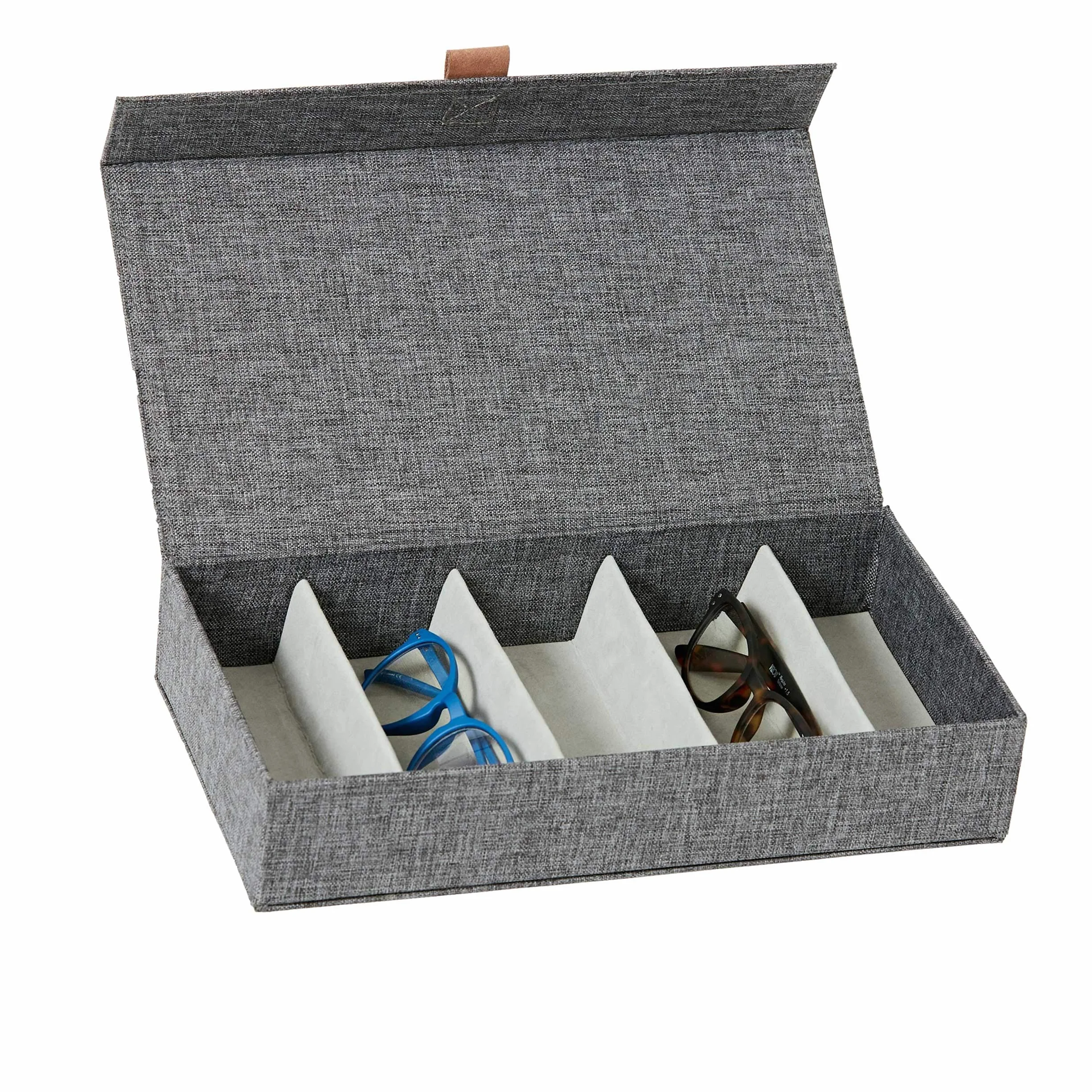 Love IT Store IT Premium Caja de Almacenamiento para Gafas – Caja de Gafas de Lino, Interior de Terciopelo – Reforzada con Madera – con 5 Compartimentos – Gris – 30 x 17 x 6 cm