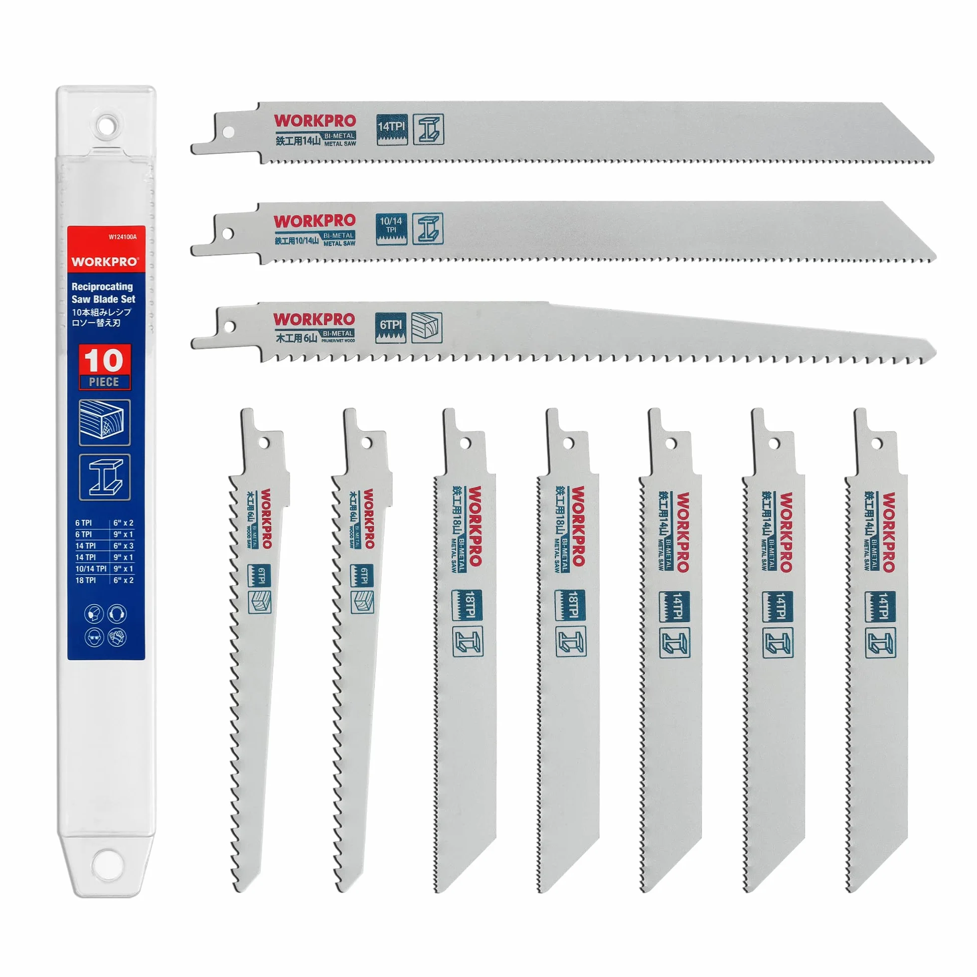 WORKPRO Hojas de Sierra Sable 10 piezas, Cuchillas para Madera y Metal, 150mm 230mm, 6/10/14/18 TPI, con Caja Plástica