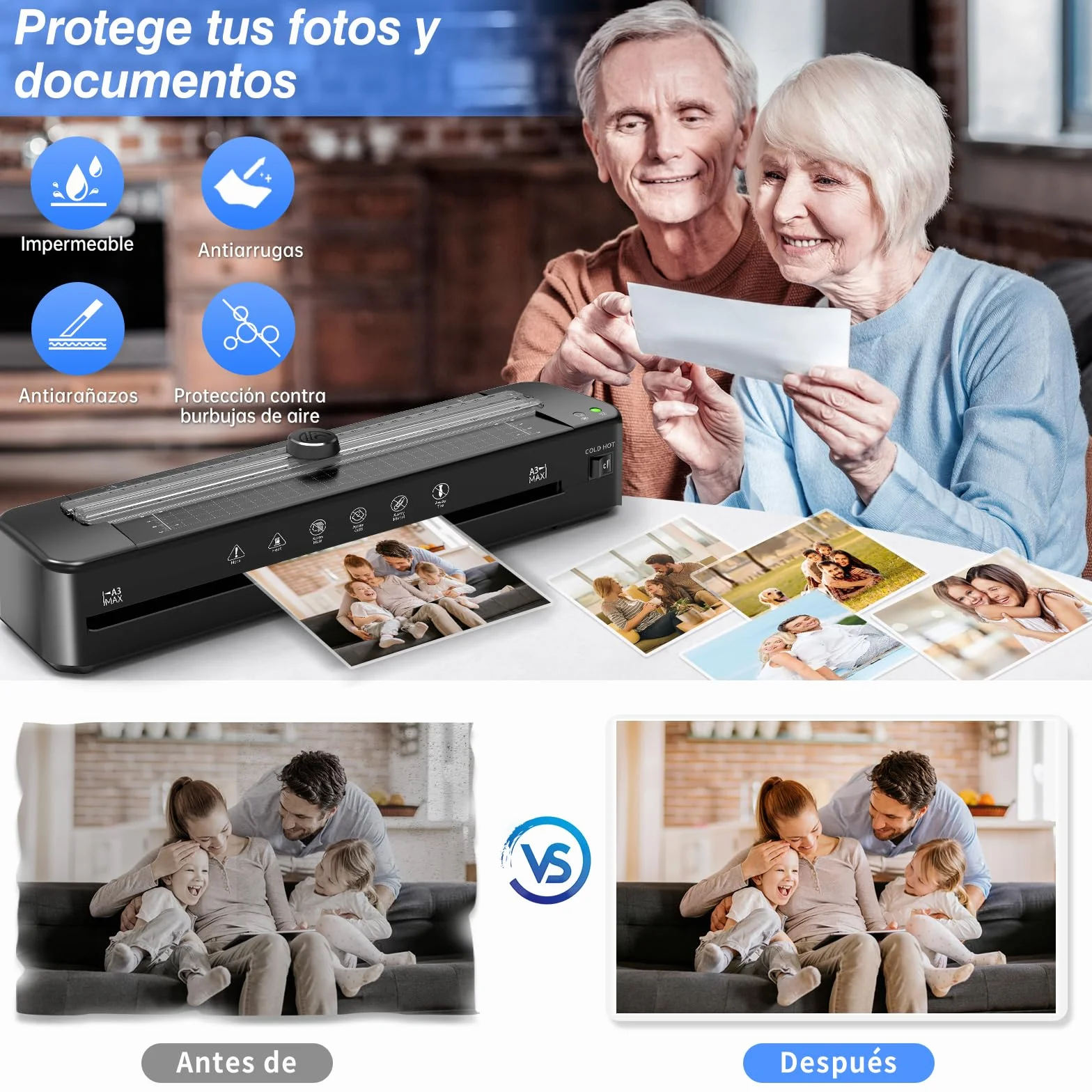 Plastificadora A3 con sistema antiatascos de ABS con 30 hojas para A3 A4 A5 A6 - Laminadora en frío versátil para oficina, hogar y escuela