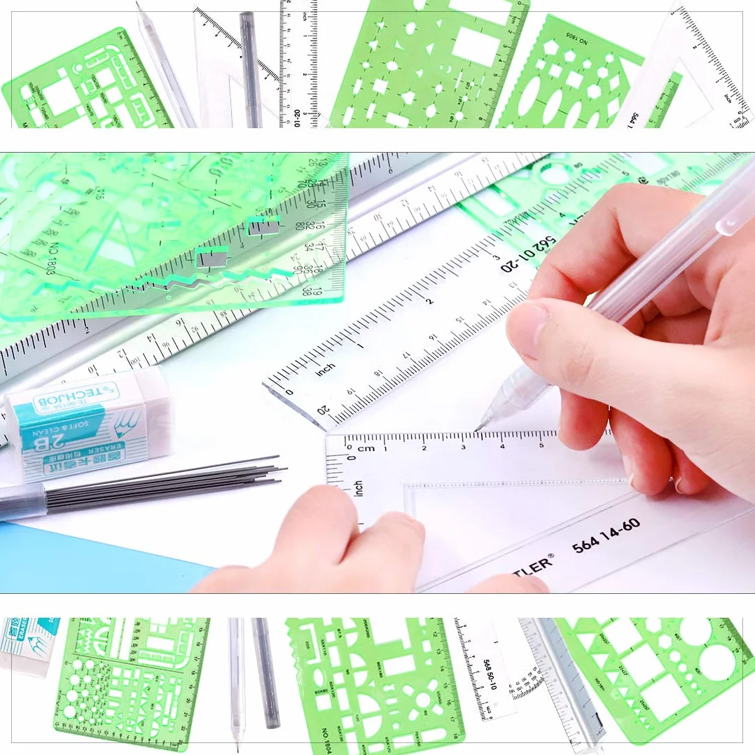 Glarks 16 plantillas de medición de encofrado de construcción, reglas de dibujo geométricas y regla triangular de escala de arquitecto con lápiz