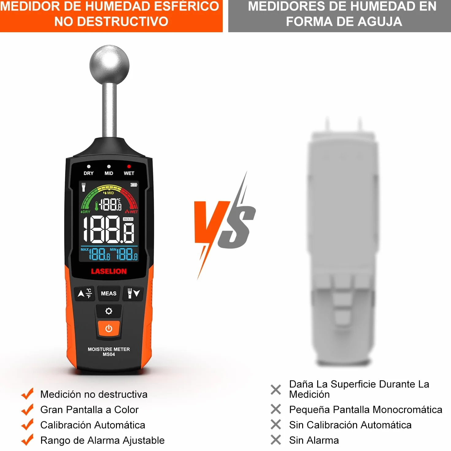 LASELION Medidor de Humedad No Destructivo - Sensor Esférico 5-40mm, Temperatura en Tiempo Real (°C/°F), Detecta Humedad Oculta en Madera/Paredes/Obra, Alarmas Personalizables - MS04