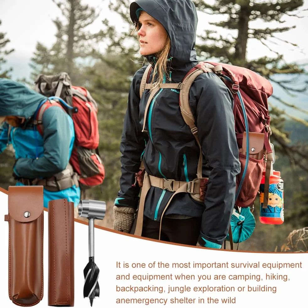 Taladro de Mano, Herramienta de Supervivencia para Colonos Bushcraft, Llave Manual de Barrena con Estuche de Cuero, para Acampar, al Aire Libre Taladro Manual