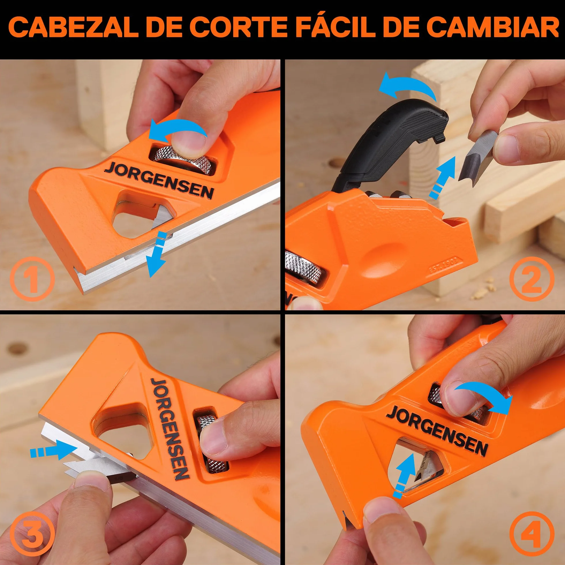 JORGENSEN Plano de chaflán para carpintería, herramienta de aplanamiento de esquinas de bordes para madera, cepilladora manual manual de 45° con 4 cabezales de corte para un recorte rápido de madera