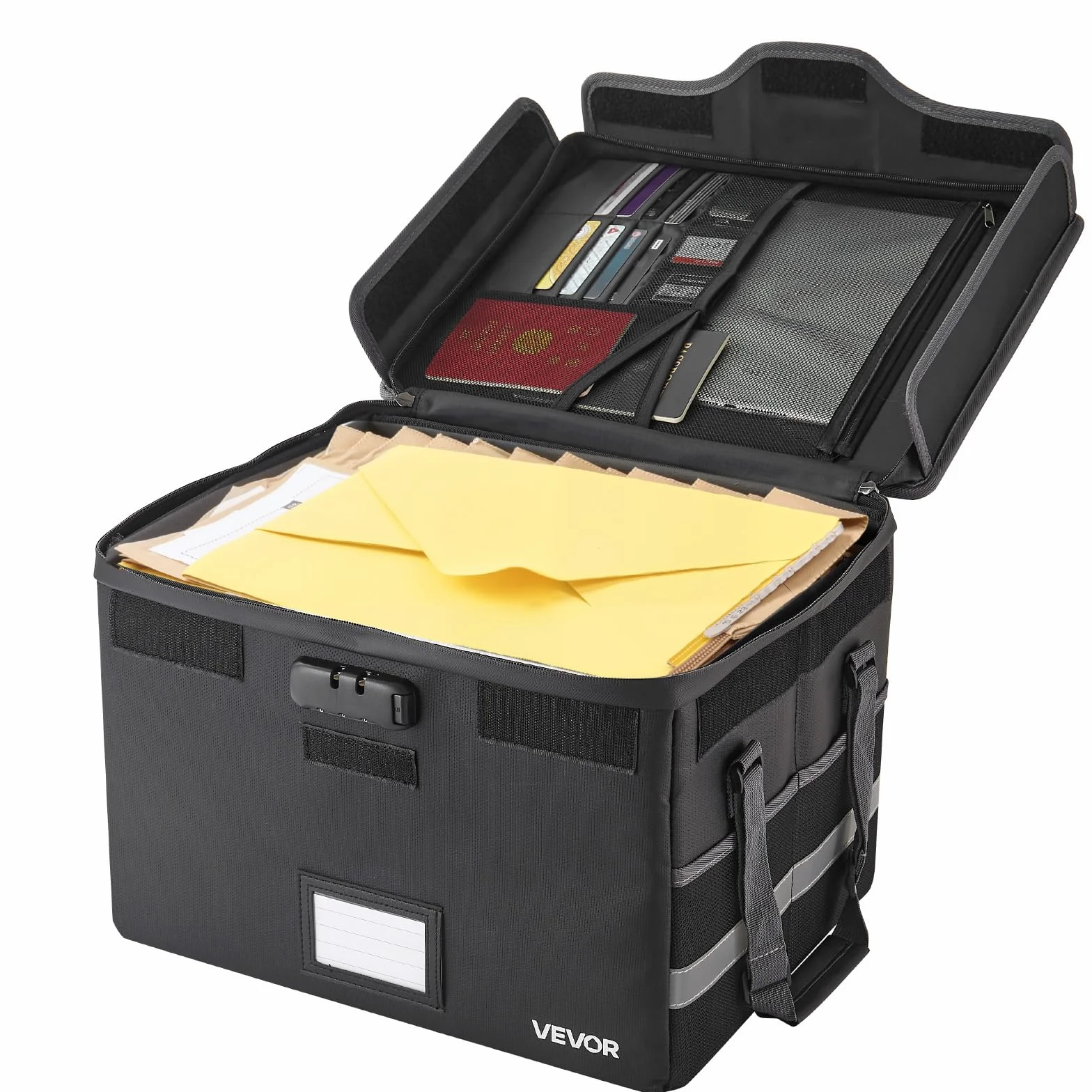 VEVOR Maletín Ignífugo para Documentos, Impermeable, con Aislamiento Térmico 1000 °C y Cerradura, Una Sola Capa, para Pasaportes, Documentos Importantes y Archivos, Negro, 330 x 405 x 262 mm
