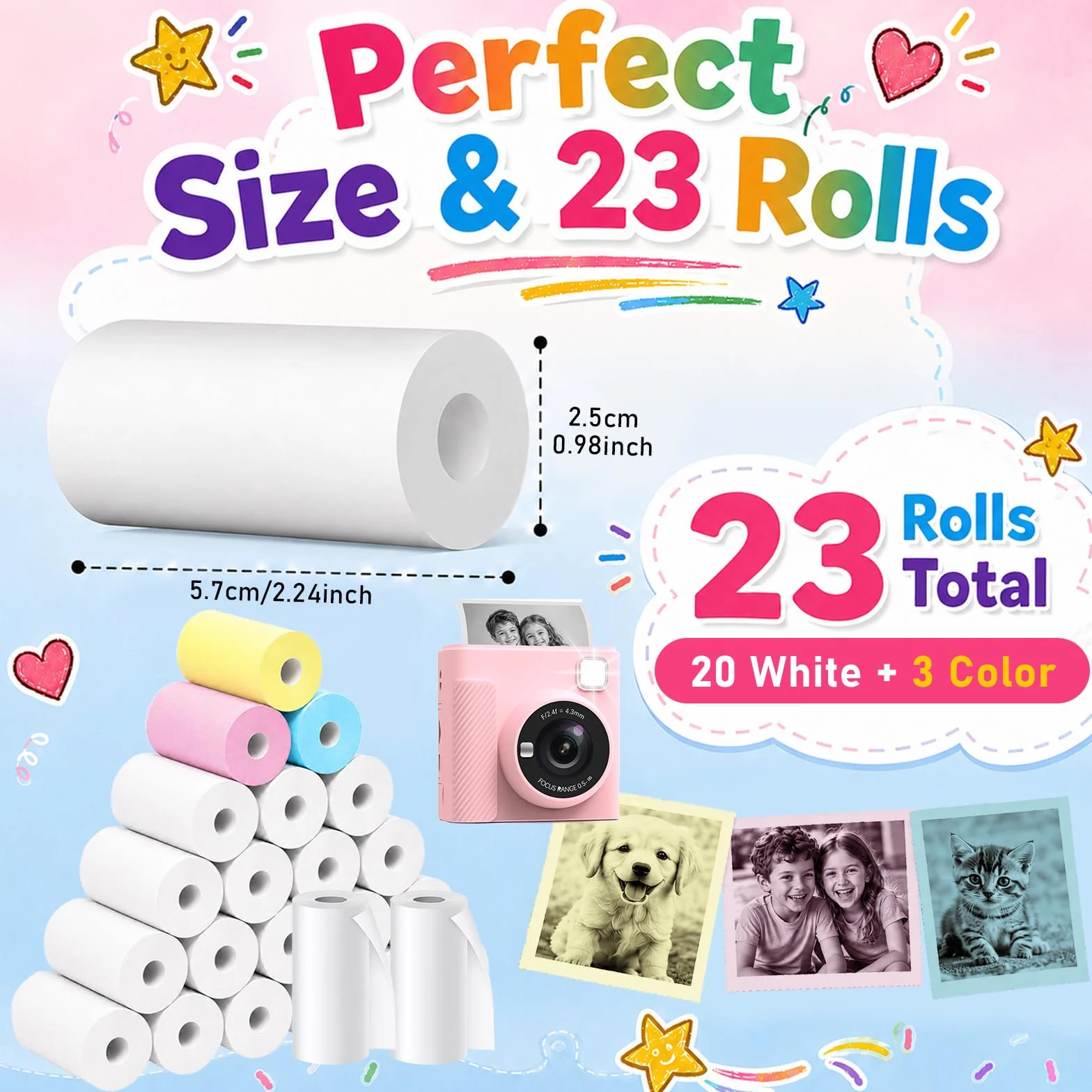 23 Rollos Papel Térmico para Cámara Infantil, 20 Blancos + 3 Colores (Rosa, Azul, Amarillo), Rollo Papel Cámara Fotos Infantil Instantánea, Fácil de Recargar, 5.7 x 2.5 cm