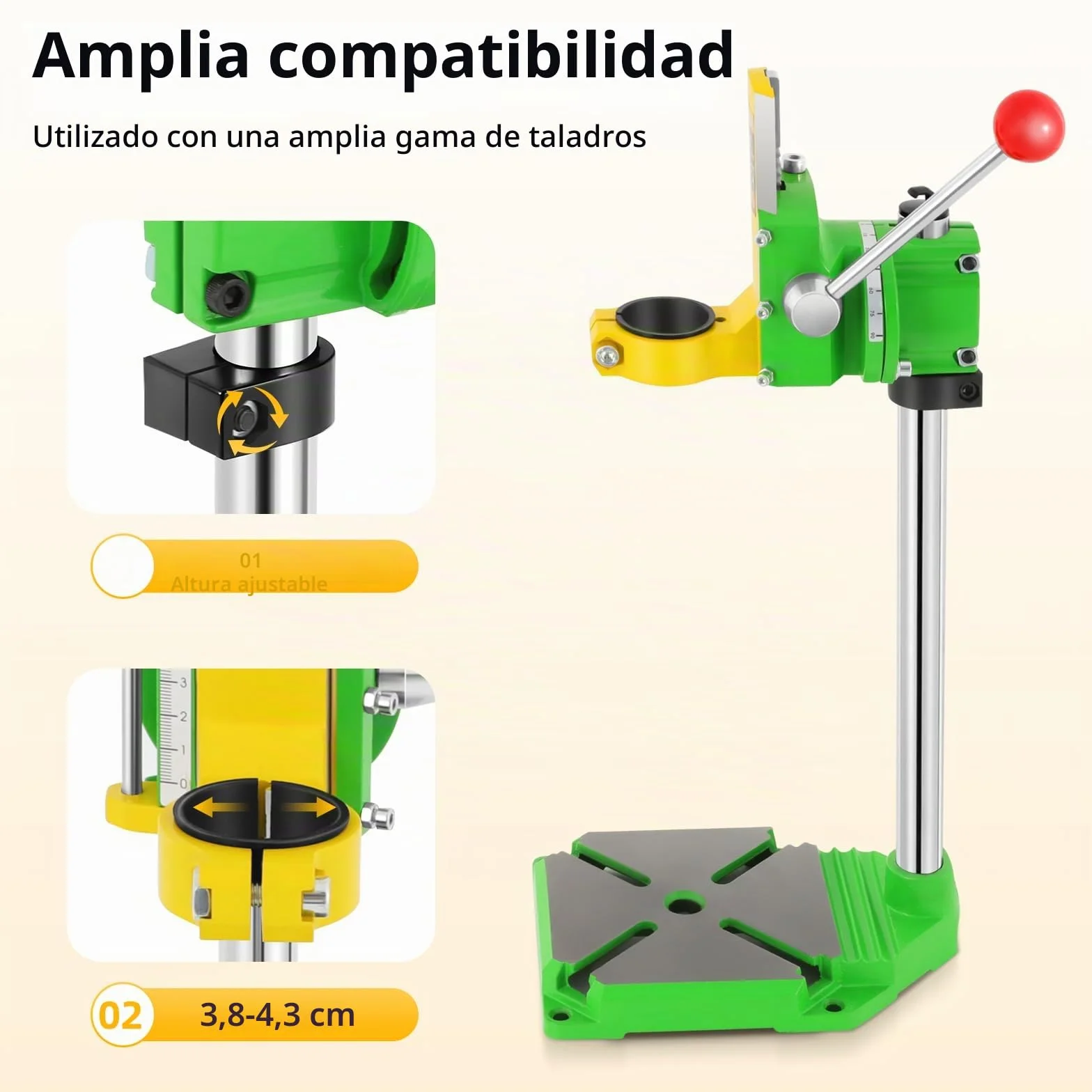 Soporte de perforación giratorio de 90° para taladradora - Banco de trabajo multifuncional con diámetro de collar de 38-43 mm | Incluye 3 cabezas de plástico (diámetro interior: 38-42 mm, 40 mm, 27 mm