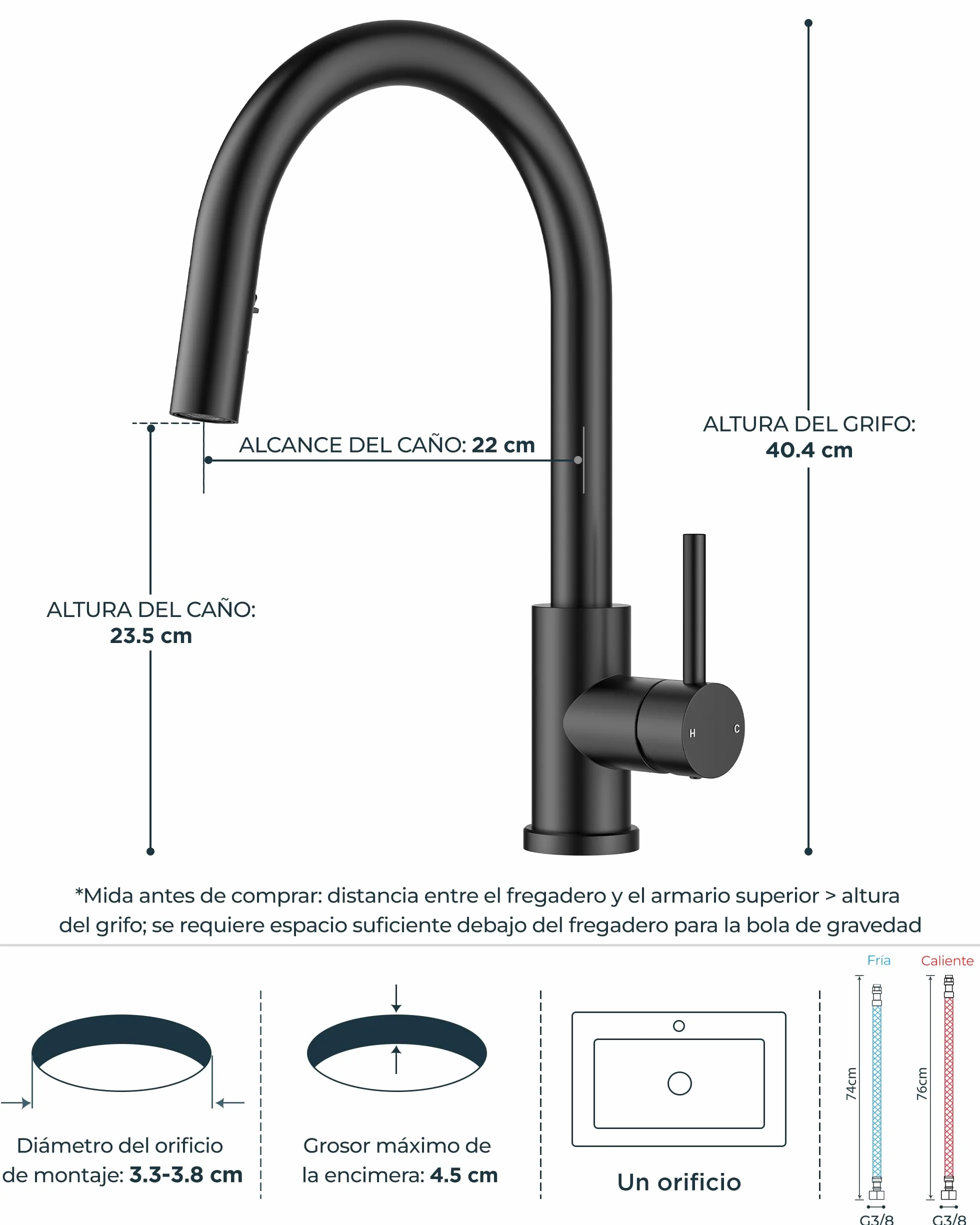 FORIOUS Grifo Cocina, Grifo Cocina Fregadero Extraíble, Torneira Cozinha de Curva Alta con 2 Modos de Rociado, Giro de 360°, Negro Mate