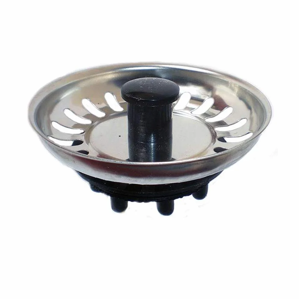 Tapón de fregadero de acero inoxidable. Con cierre de goma/caucho. Diámetro 8 cm. Acabado en cromo brillo y negro