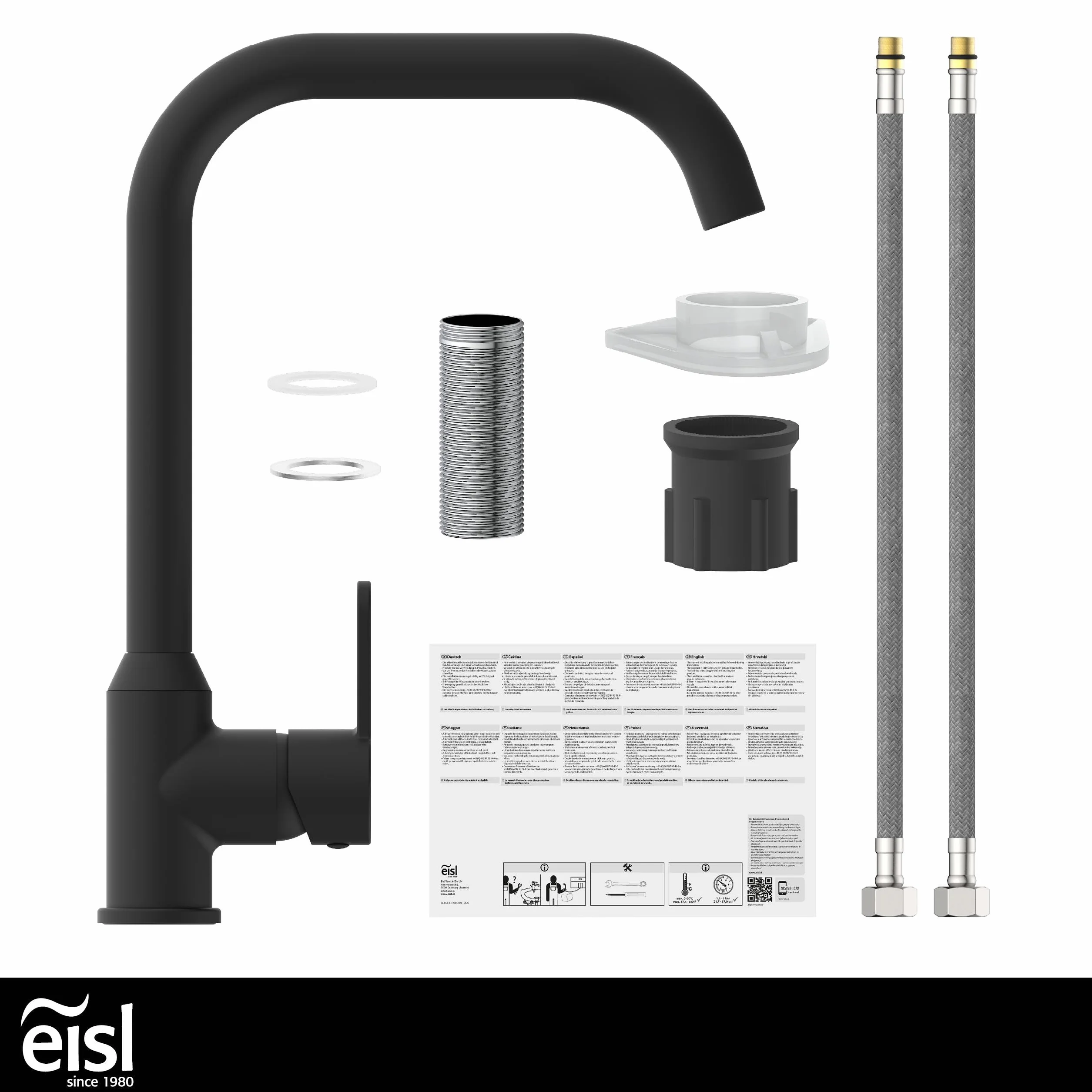 EISL Monza grifo de cocina negro, mezclador de fregadero negro giratorio 360°, mezclador de cocina negro con caño alto, grifo de cocina en negro, NI182MONB