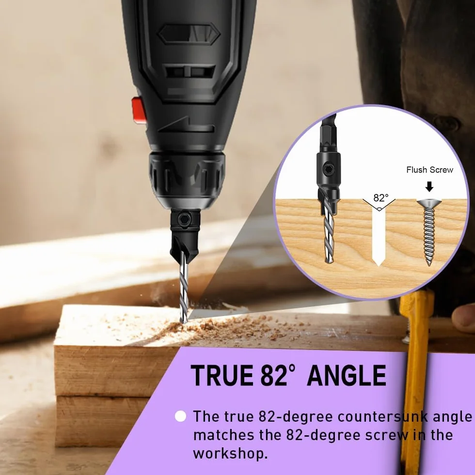 Juego de 5 brocas avellanadoras para carpintería, 1/4" HSS con avellanador, para tornillos #5-12, con llave en L