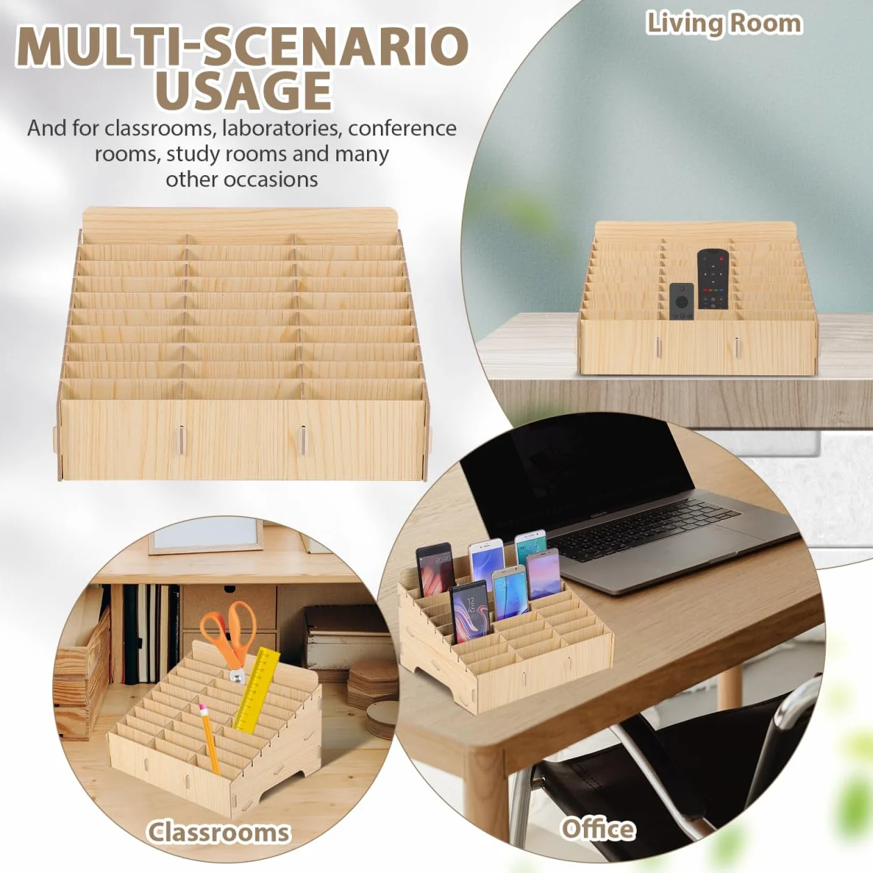 Caja de almacenamiento de madera para teléfono móvil, 30 compartimentos, organizador de mesa grande