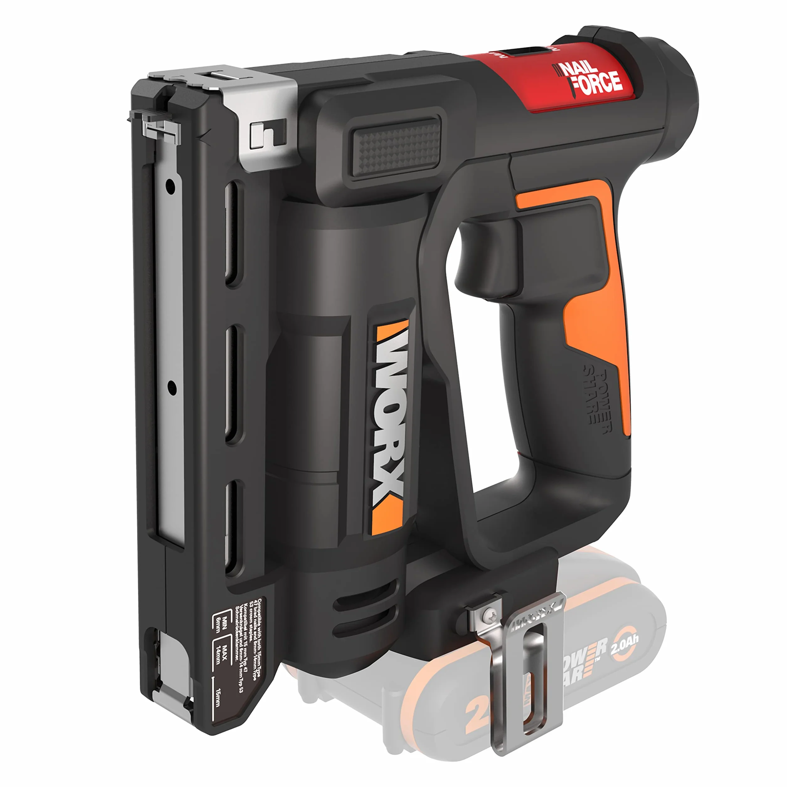 WORX WX843.9 Grapadora y Clavadora 2 en 1 a Batería 20V Sin Batería, Grapas 6-14mm y Clavos 15mm, 60 Disparos por Minuto, Ajuste de Profundidad