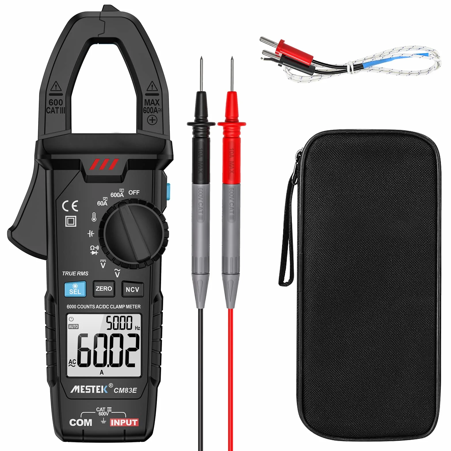 Pinza Amperimetrica Multimetro MESTEK Polimetro Digital Profesional Clamp Meter AC DC Corriente Voltaje CA/CC T-RMS Amperímetro Autorango Resistencia/Frecuencia/Temperatura Bateria NCV VFC 6000Cuentas