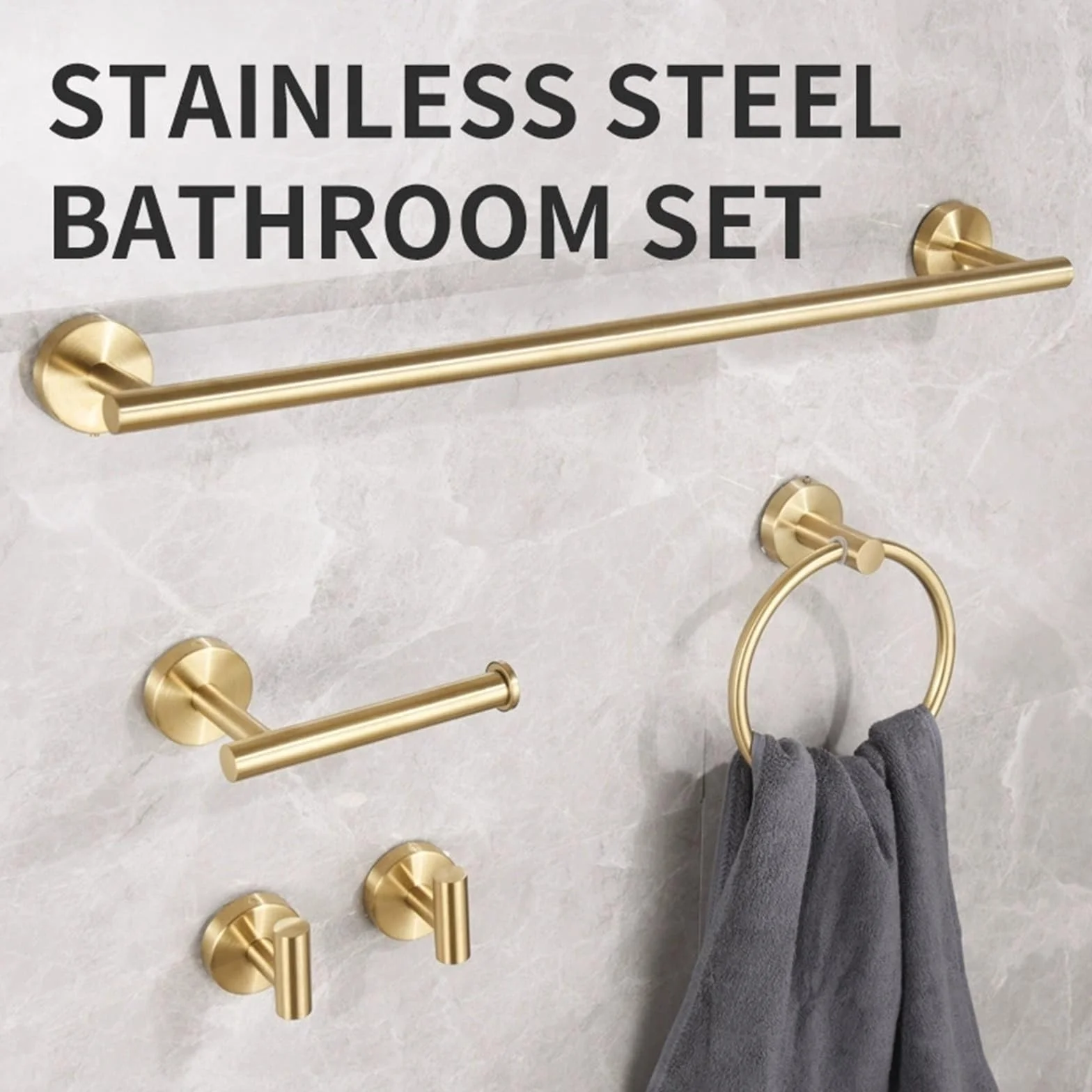 Juego Accesorios Baño Portarrollos Papel Higiénico Negro | Anillo para Toalla Herrajes Acabado Dorado Cepillado,Soporte para Toalla Mano Ganchos Batas Montaje Pared(Silver)