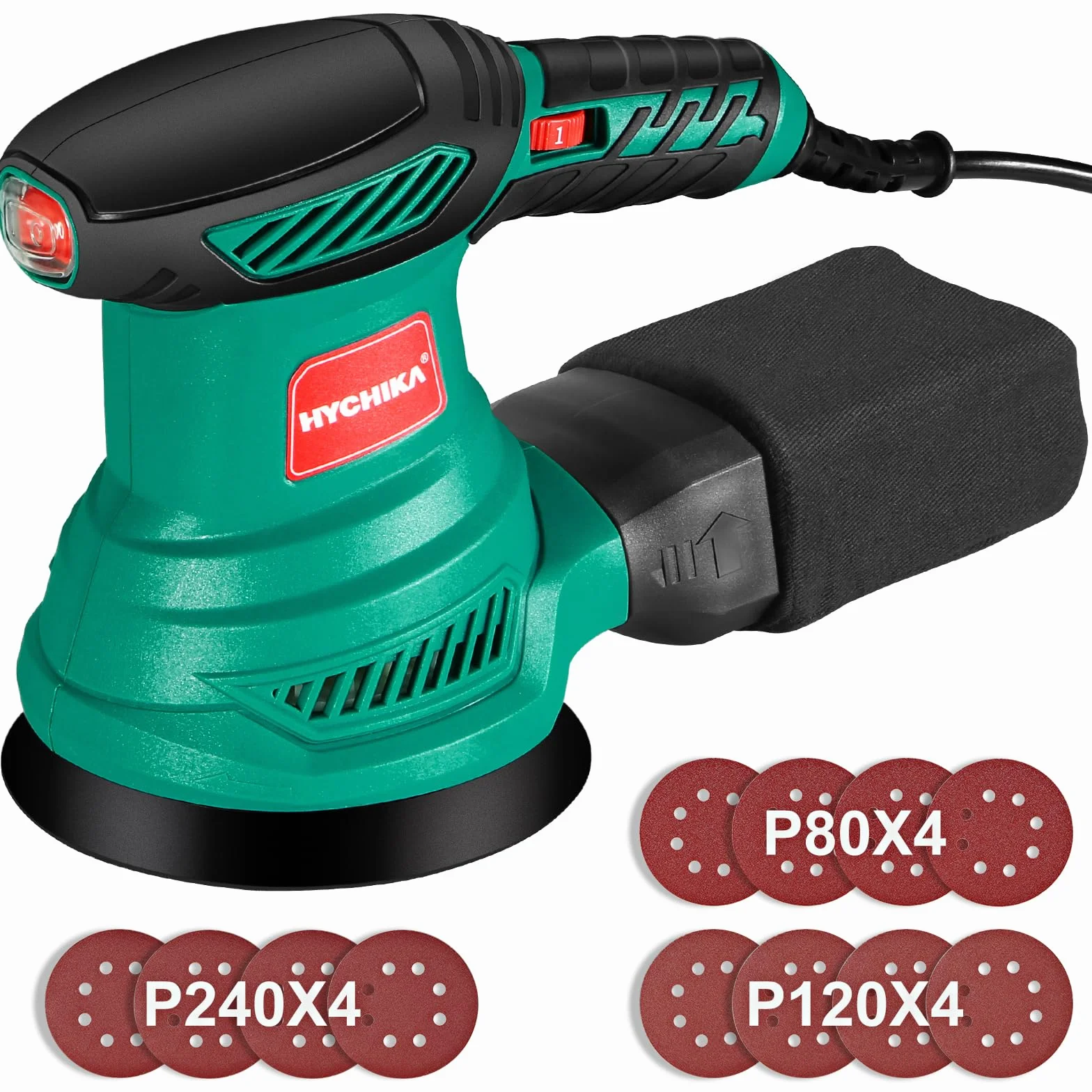 HYCHIKA Lijadora Orbital 300W, Lijadora Rotorbital con Motor de Cobre Puro, 6 Velocidad, 13000RPM, 12PCS Lija de 125mm (240/120/80 Grano), con Bolsillo Lavable de Recogida, para Lijar Madera y Metal