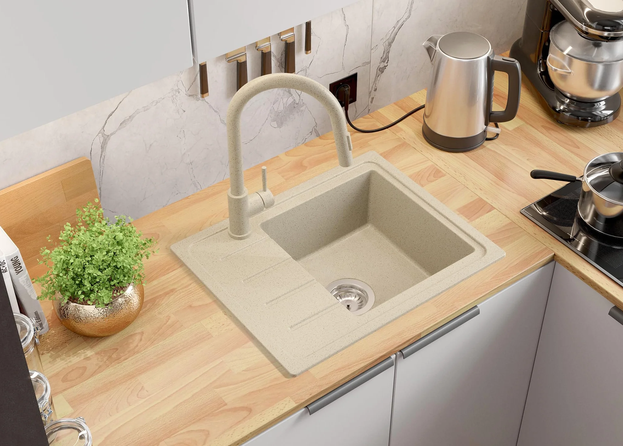 PRIMAGRAN Fregadero Cocina Beige - Copenhague Easy, 55x44cm | Granito 1 Seno + Sifón, sobre Encimera al Mueble 45cm (S006)