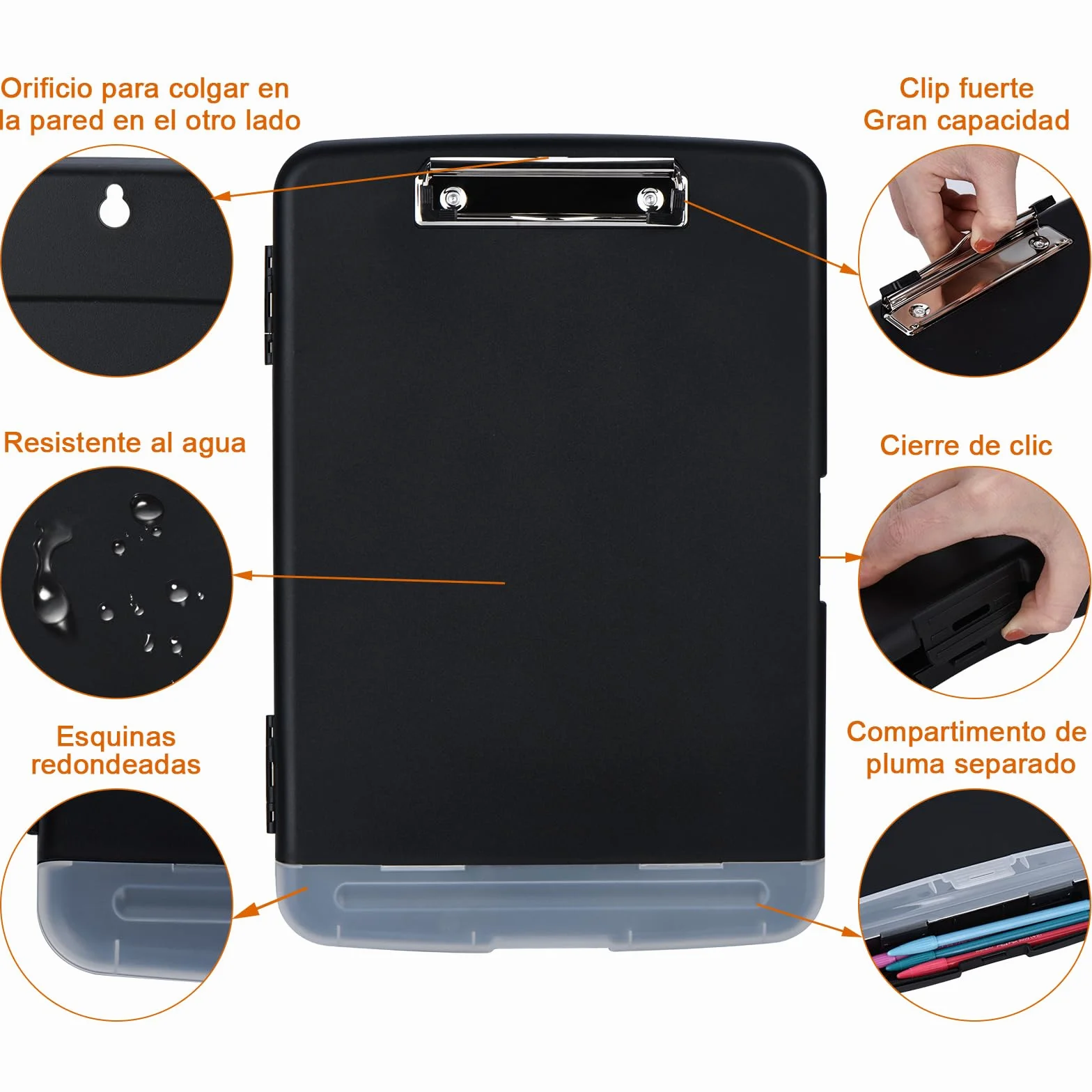 ZCZN Portapapeles A4 de Plástico con Compartimento para Bolígrafos, Negro