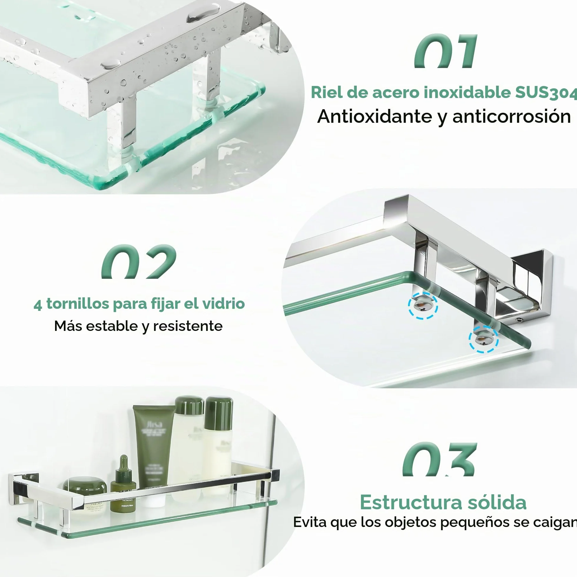 SAYAYO Estanteria Baño, Estanteria Ducha Cristal Pared Accesorios Baño Champú Organizador Baño Pulido Acero Inoxidable Soporte de Ducha de Vidrio para Baño 412mm x 130mm x 70mm, EGC2000-40-C