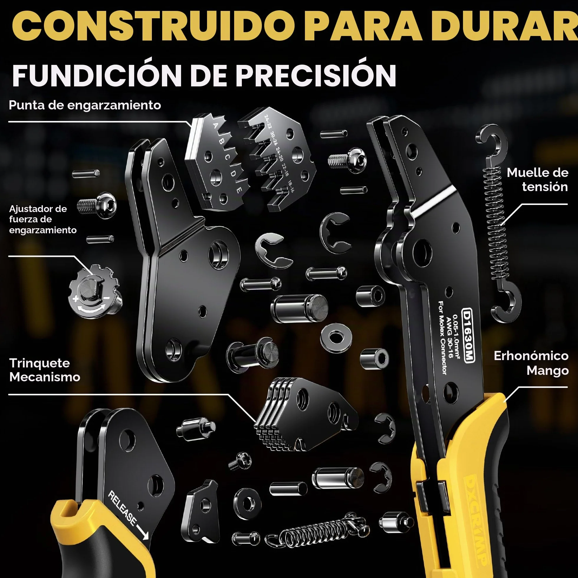 DxCRIMP Kit de Alicates de Terminales Mini-Fit Jr 4,2 mm — Set de Crimpado; Carcasas y Terminales 2–20 pines(26–16 AWG/0,14–1,5 mm²) con Crimpadora de Carraca y Extractor; ATX/EPS/PCIe, fuente modular