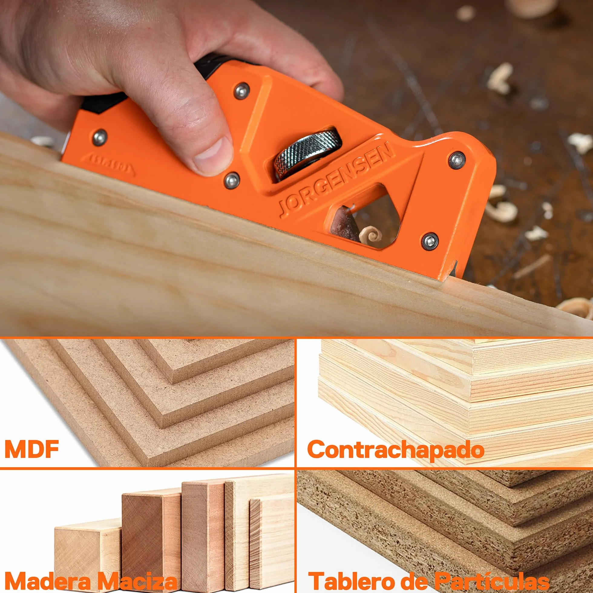 JORGENSEN Plano de chaflán para carpintería, herramienta de aplanamiento de esquinas de bordes para madera, cepilladora manual manual de 45° con 4 cabezales de corte para un recorte rápido de madera