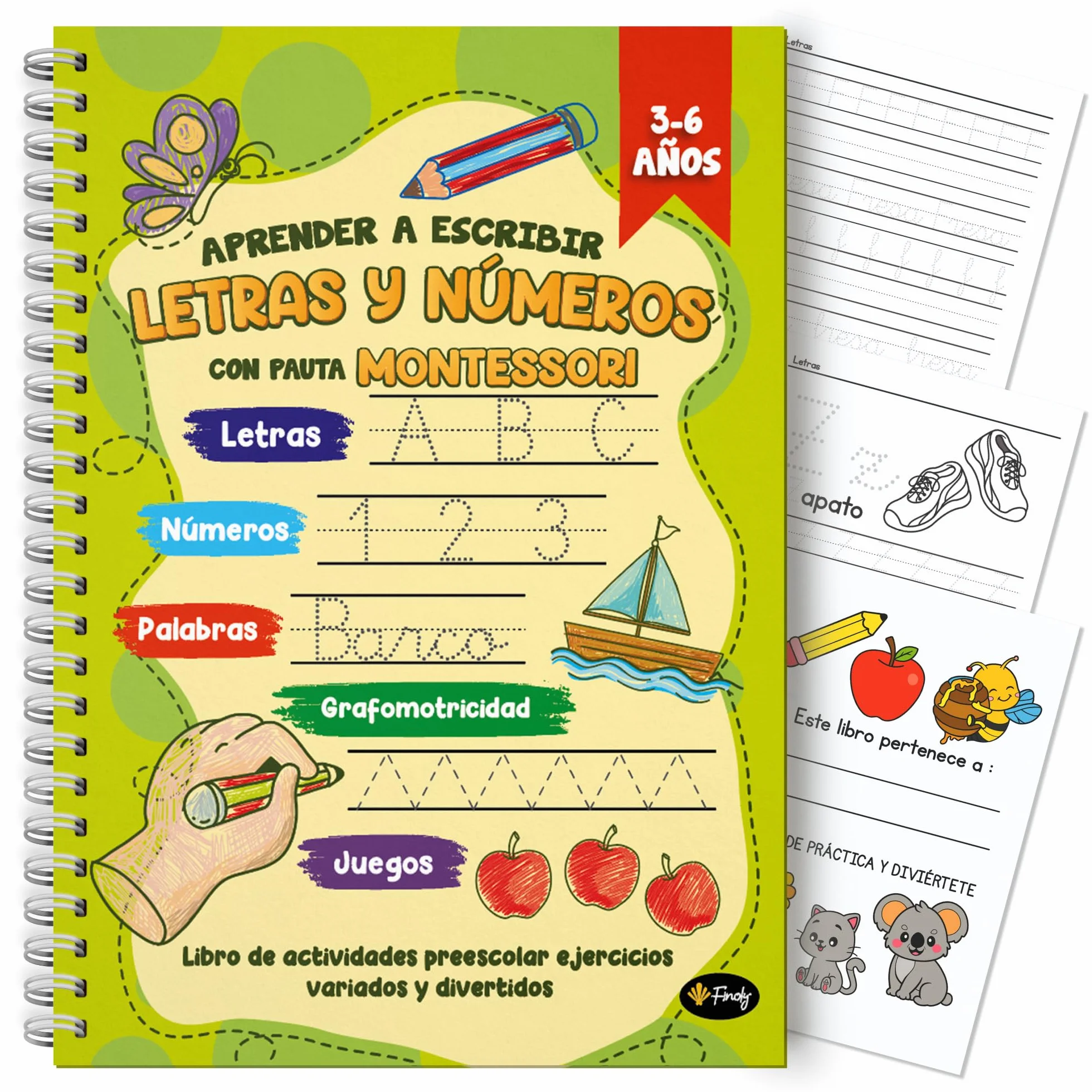 Finoly Cuaderno Aprender a Escribir Letras y Números Pauta Montessori | Niños 3 a 6 años Libro Caligrafía Preescritura Lectoescritura Actividades y Ejercicios: Letras Números Palabras Grafomotricidad