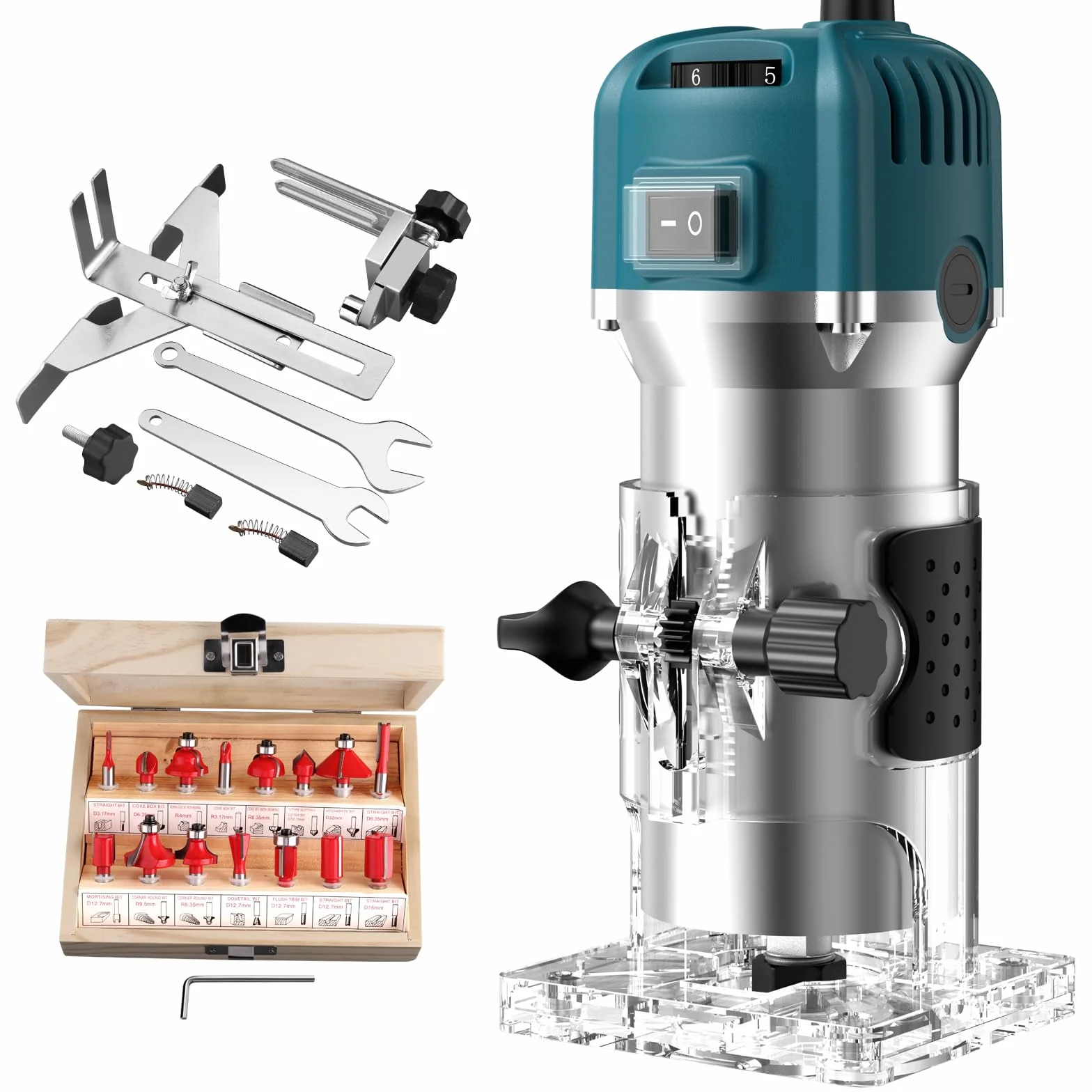 JiGiU Fresadora de Madera 800W Rebajadora Eléctrica 6.35mm(1/4 pulgada) 30000r/min con Función de Control de Velocidad para Ranurado Rectificadora con 15piezas Fresas