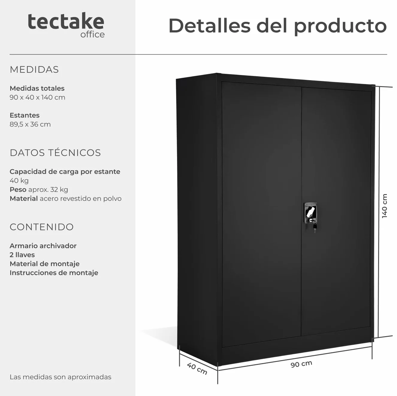Armario Archivador con Cierre de Seguridad 4 Alturas Cajones Ajustables Mueble Oficina Acero 140x40x90cm Negro